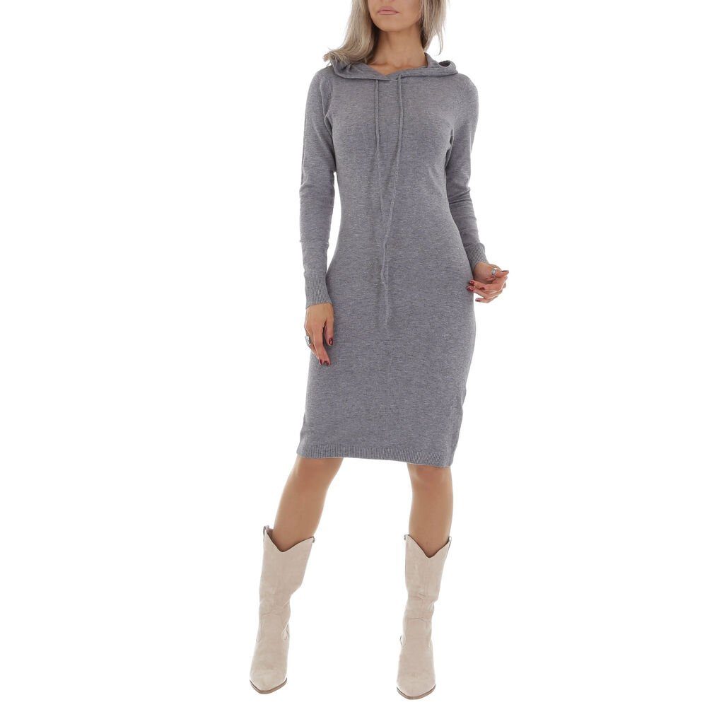 Ital-Design Strickkleid Damen Freizeit Kapuze Stretch Strickoptik Stretchkleid in Grau