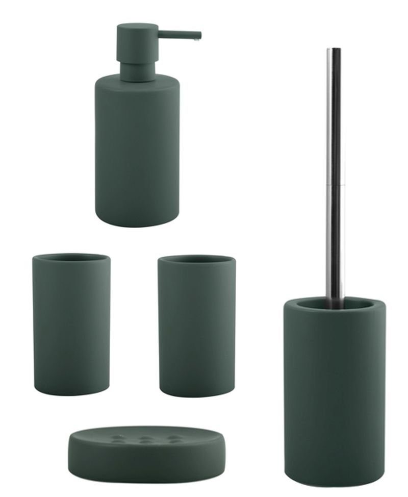 spirella Badaccessoires-Sets TUBE MATT BUNT, Zubehör-Set aus hochwertiger Keramik, 5 tlg., bestehend aus: WC-Bürste, Seifenspender, 2x Zahnputzbecher, Seifenschale, aktuell angesagte Trendfarben, elegante Matt-Optik, dunkelgrün, Komplett-Set Badezimmerzubehör, 5 tlg.