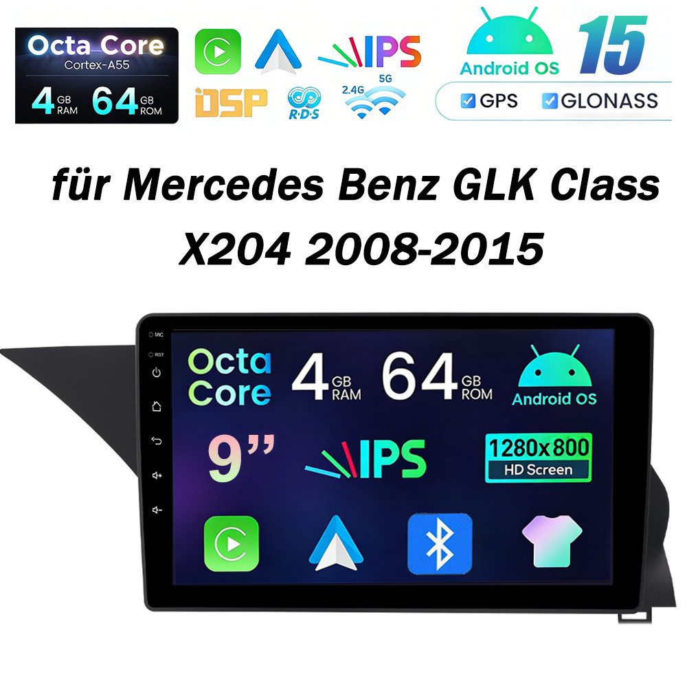A-Sure 4+64G Android 15 Carplay FM GPS Navi Für Mercedes-Benz GLK-Klasse X204 Autoradio (Digitalradio (DAB), FM, AM, 1280*800 IPS Screen/8-Core CPU)