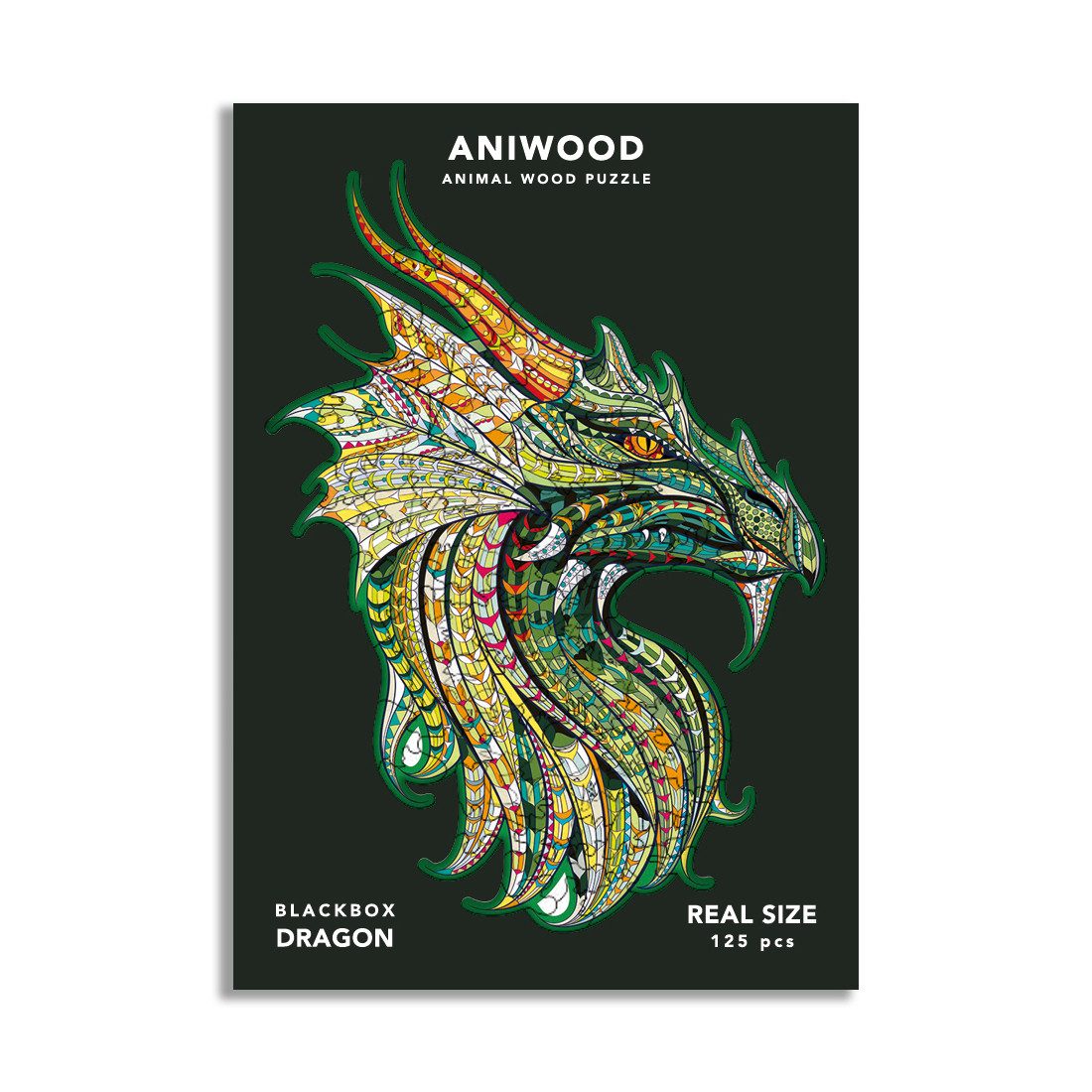 ANIWOOD Konturenpuzzle ANIWOOD,Drache,Holz,mehrfarbig, 125 Puzzleteile, Größe M (20 x 27,5 x 0,5 cm)