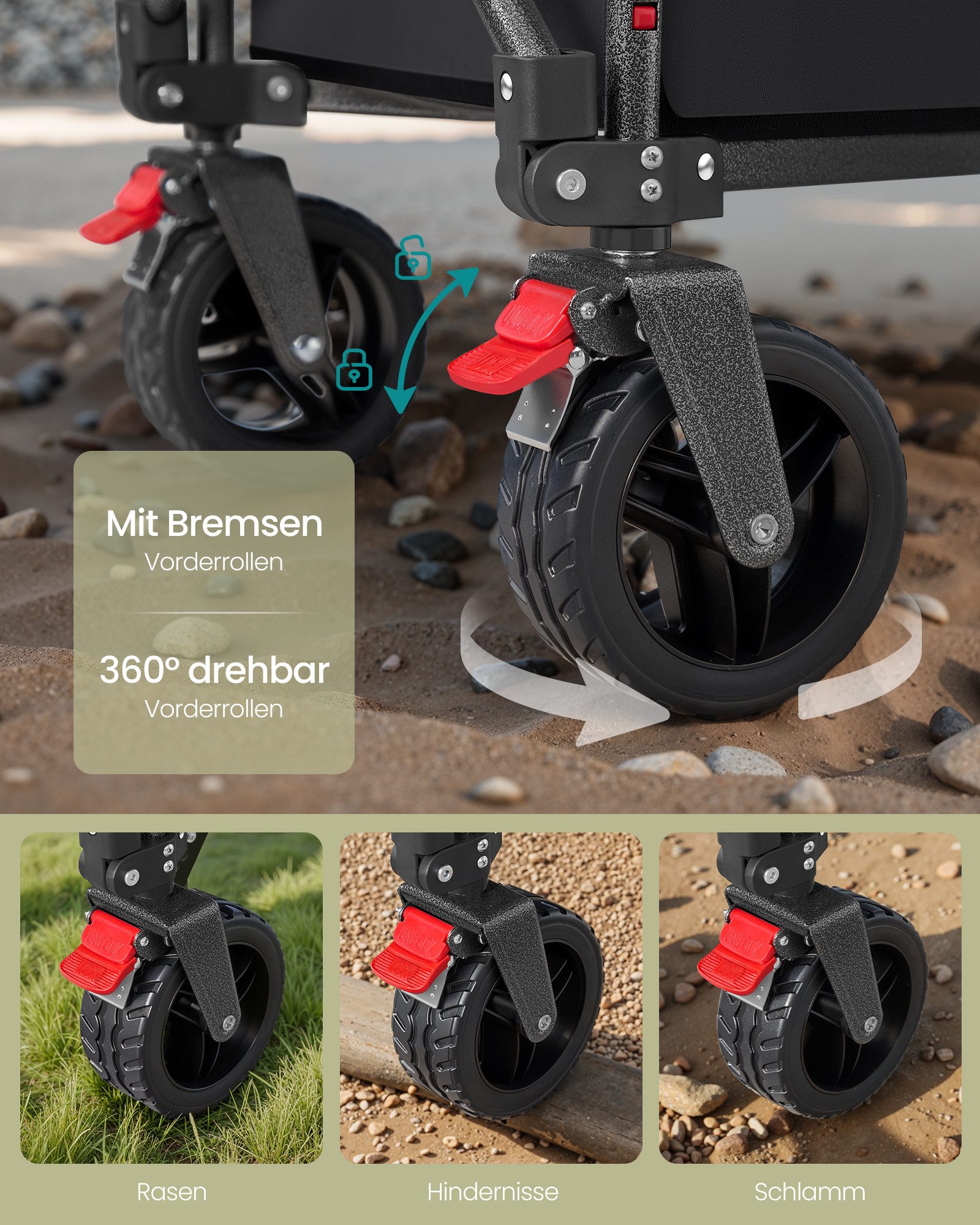 SONGMICS Handwagen altbarer Handwagen/Bollerwagen, Gartenwagen mit Griff, 4 verstärkte Rollen, davon 2 Universalräder, bis 150/180 kg belastbar