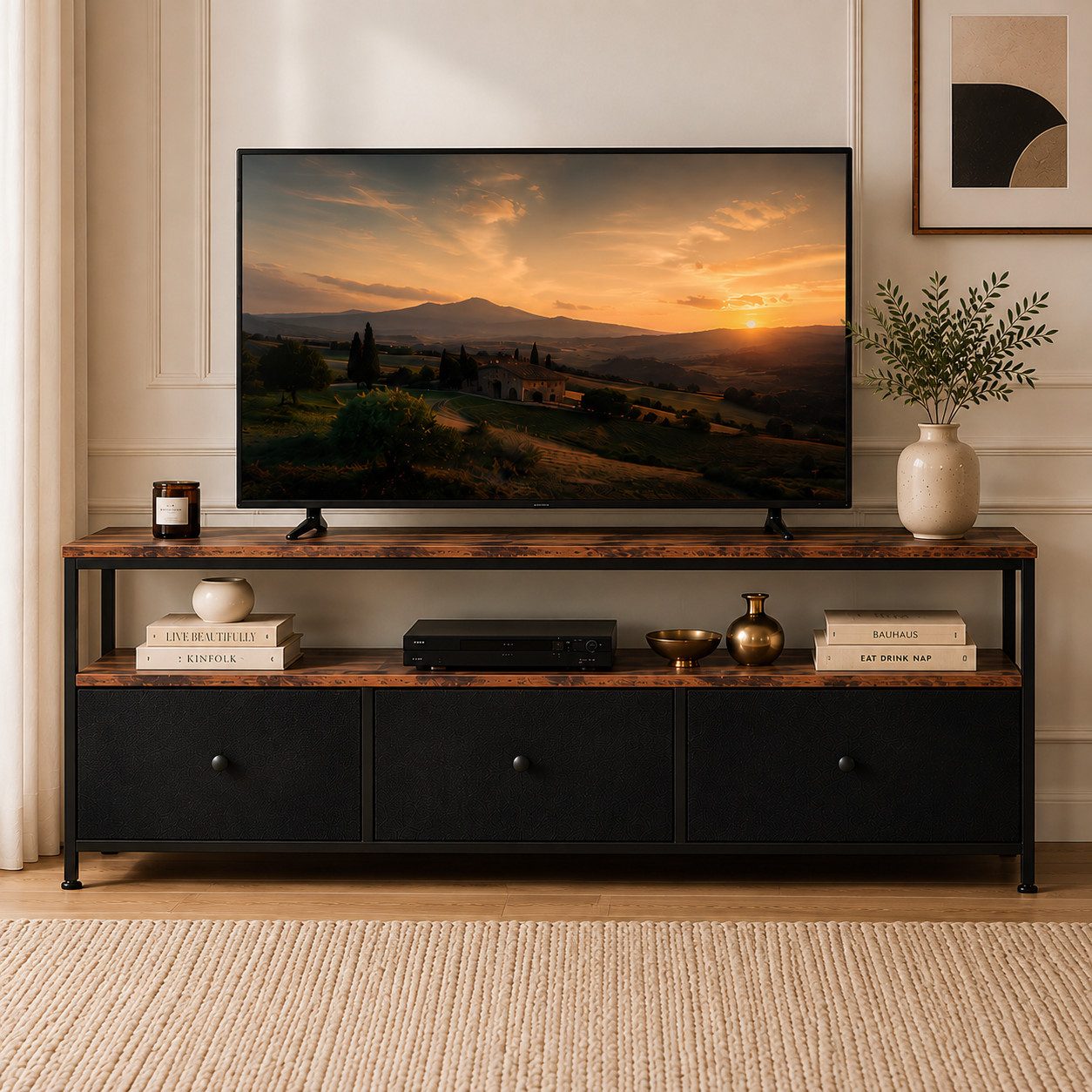 Simurq TV-Bank TV-Board mit LED-System, 3 Schubladen und viel Stauraum (Kein Set, Einzelmöbel), Modernes Vintage-Design, LED-System, Stauraum mit Schubladen