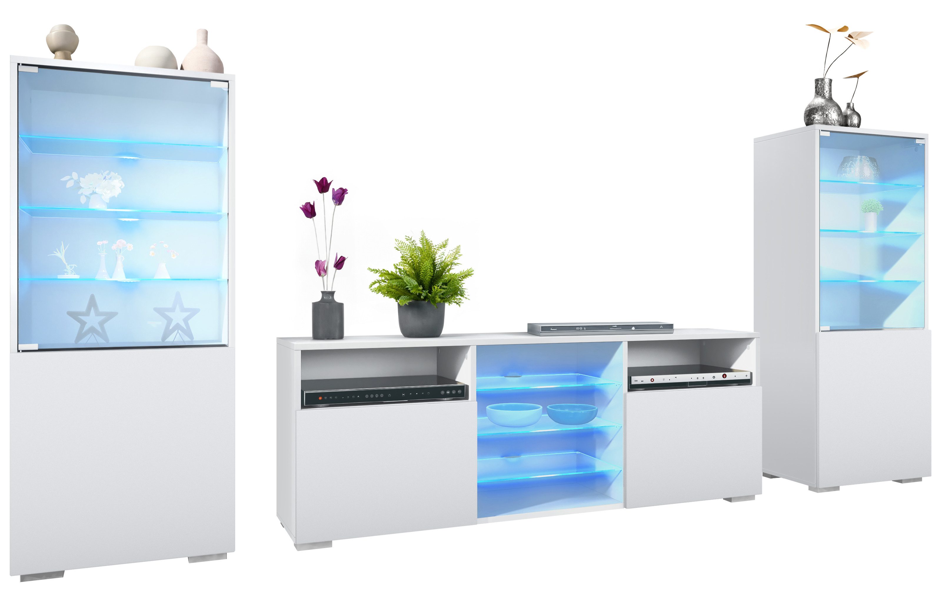 Vladon Wohnwand Granada, (Anbauwand, bestehend aus 2 Vitrinen, 1 TV-Board und LED-Beleuchtung), Weiß matt/Weiß matt (286 x 122,5 x 35 cm)