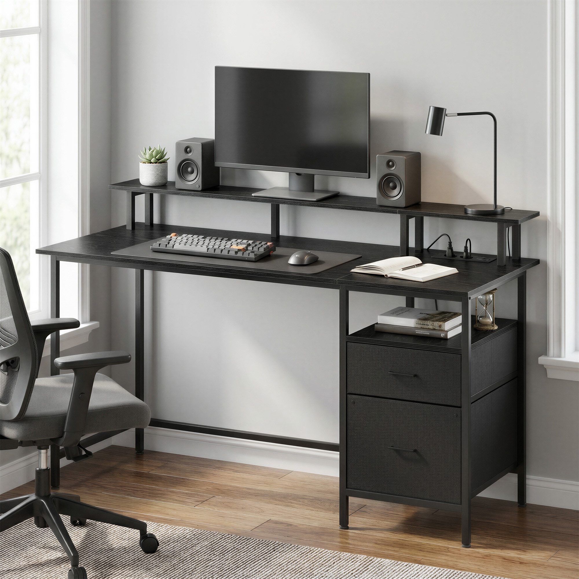 VASAGLE Schreibtisch mit Stoff-Schubladen, Computertisch mit Monitorständer, für Homeoffice, Bürotisch, 2 AC-Steckdosen, 2 USB-A-Anschlüsse, 140 x 60 cm