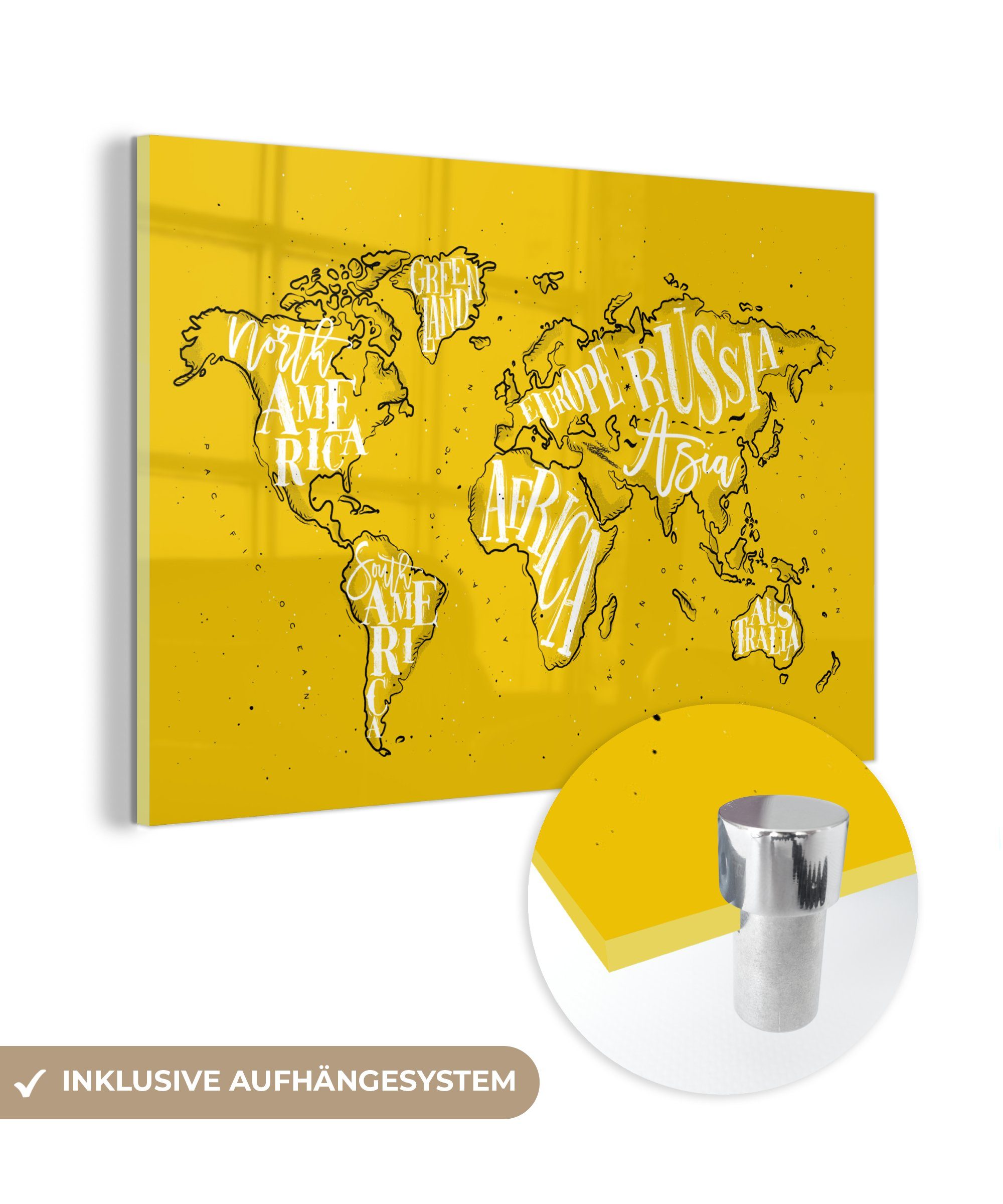 - - Weiß Foto Gelb (1 MuchoWow - Einfach, Wanddekoration - auf Bilder Glas St), Acrylglasbild auf Glas Glasbilder - Wandbild - Weltkarte