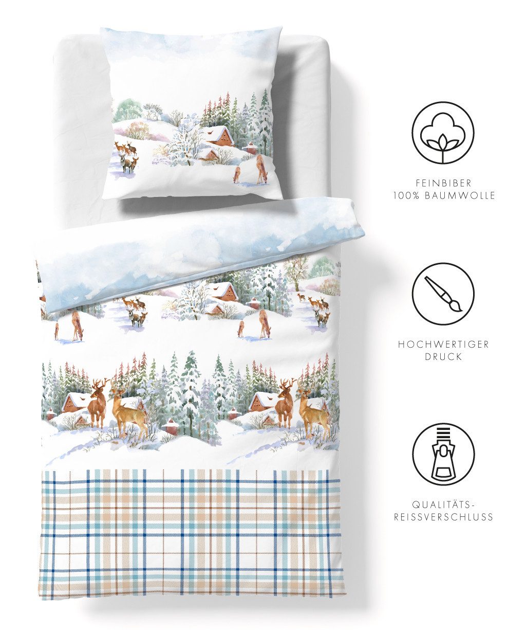 fleuresse Bettwäsche Aspen, Feinbiber, 2 teilig, Feinbiber mit Winterlandschaft und Karo Dessin