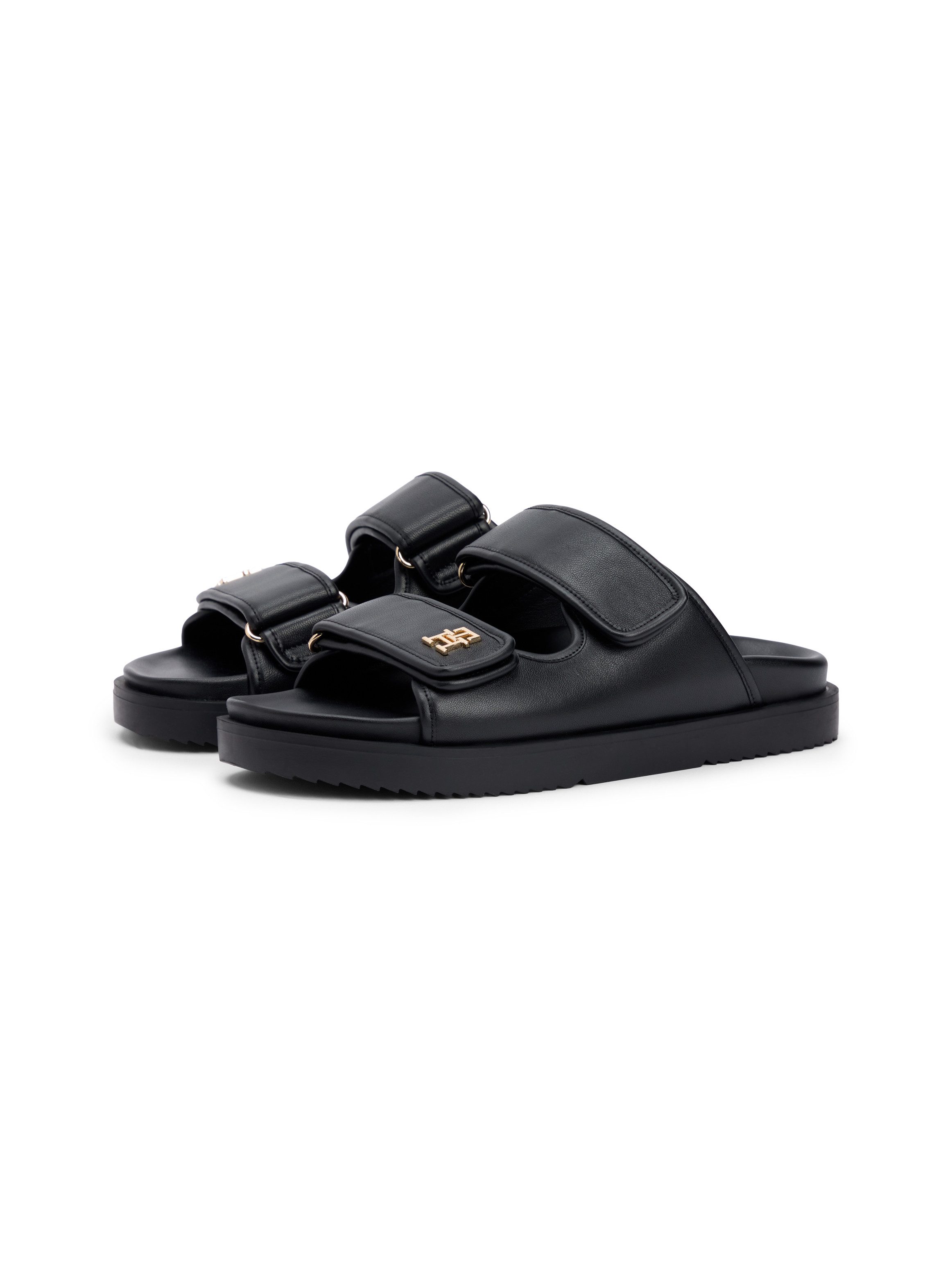 Tommy Hilfiger DOUBLE STRAP LEATHER SANDAL Pantolette Plateau, Sommerschuh, Schlupfschuh mit zwei Klettverschlüssen
