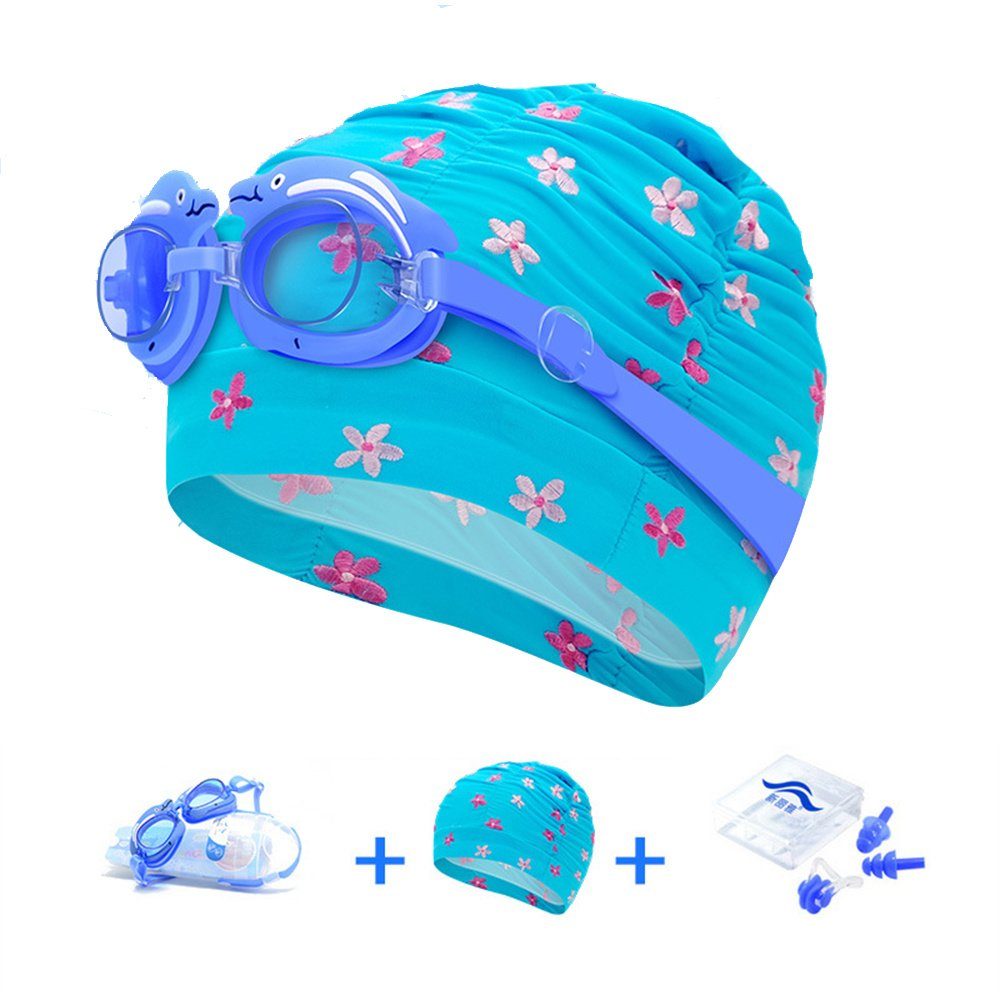 Badekappe Ohrstöpsel Blau Set, mit dreiteiliges Kinder schwimmkappe Schwimmbrille, Dekorative