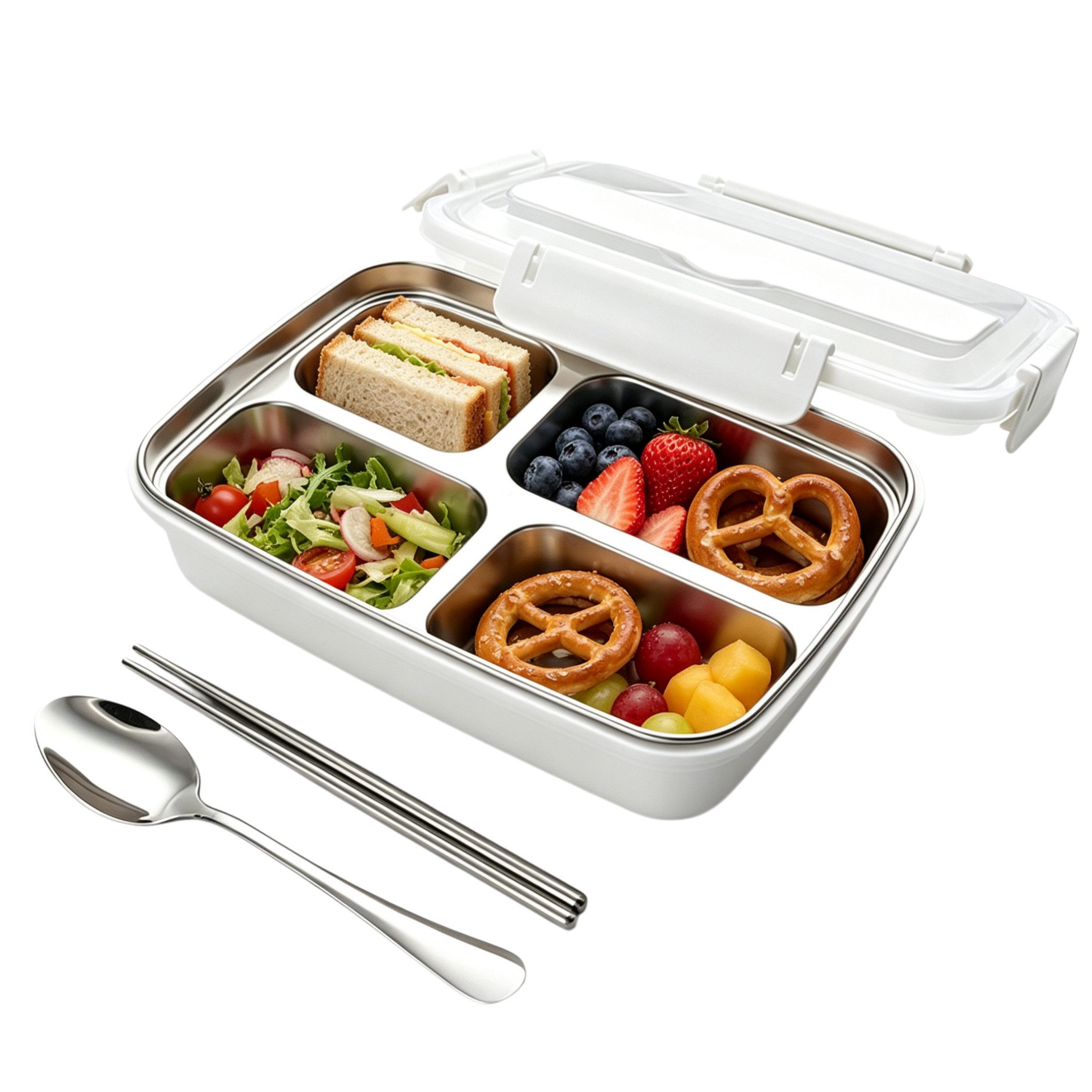 FOUORTUNATE-BEE Lunchbox Brotdose 500 ml, 4 Fächer, Edelstahl Lunchbox, auslaufsicher, Bento, Bento Box für Schule Büro Picknick Snackbox mit transparentem Deckel