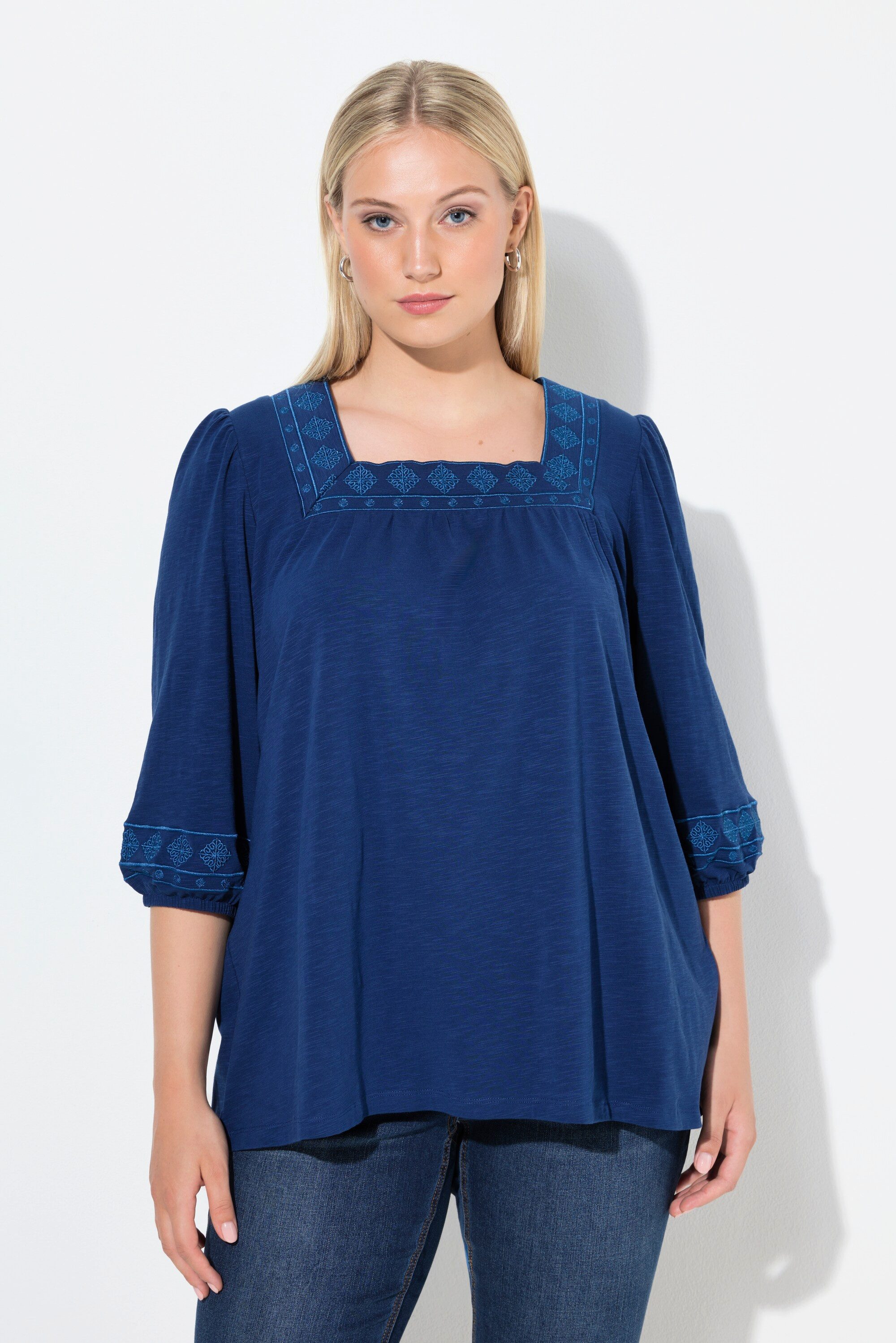 Ulla Popken T-Shirt T-Shirt Stickerei Carré-Ausschnitt 3/4-Arm günstig online kaufen