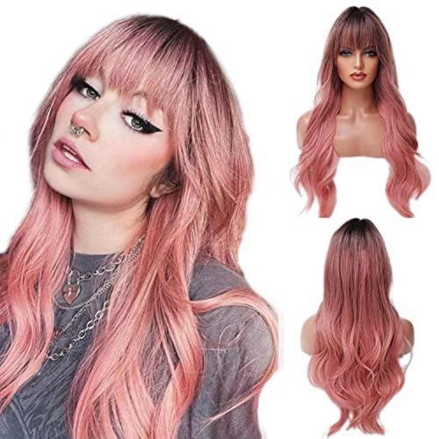 LuxusKollektion Kunsthaarperücke Perücken Damen Synthetik Bang Ombre Pink 26Zoll Cosplay Rosa