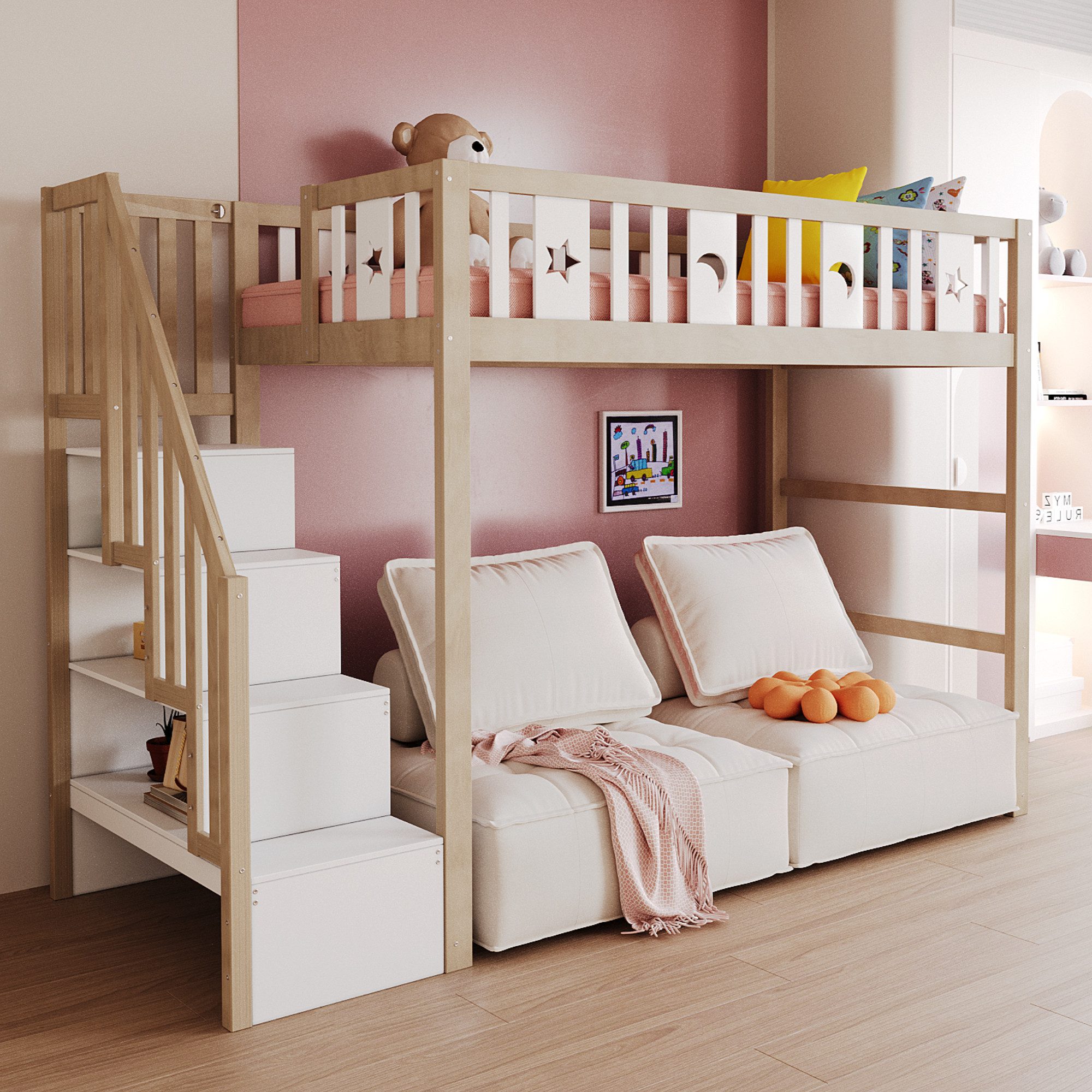 Flieks Hochbett Kinderbett 90x200cm mit Stauraumtreppe, Rausfallschutz und Lattenrost