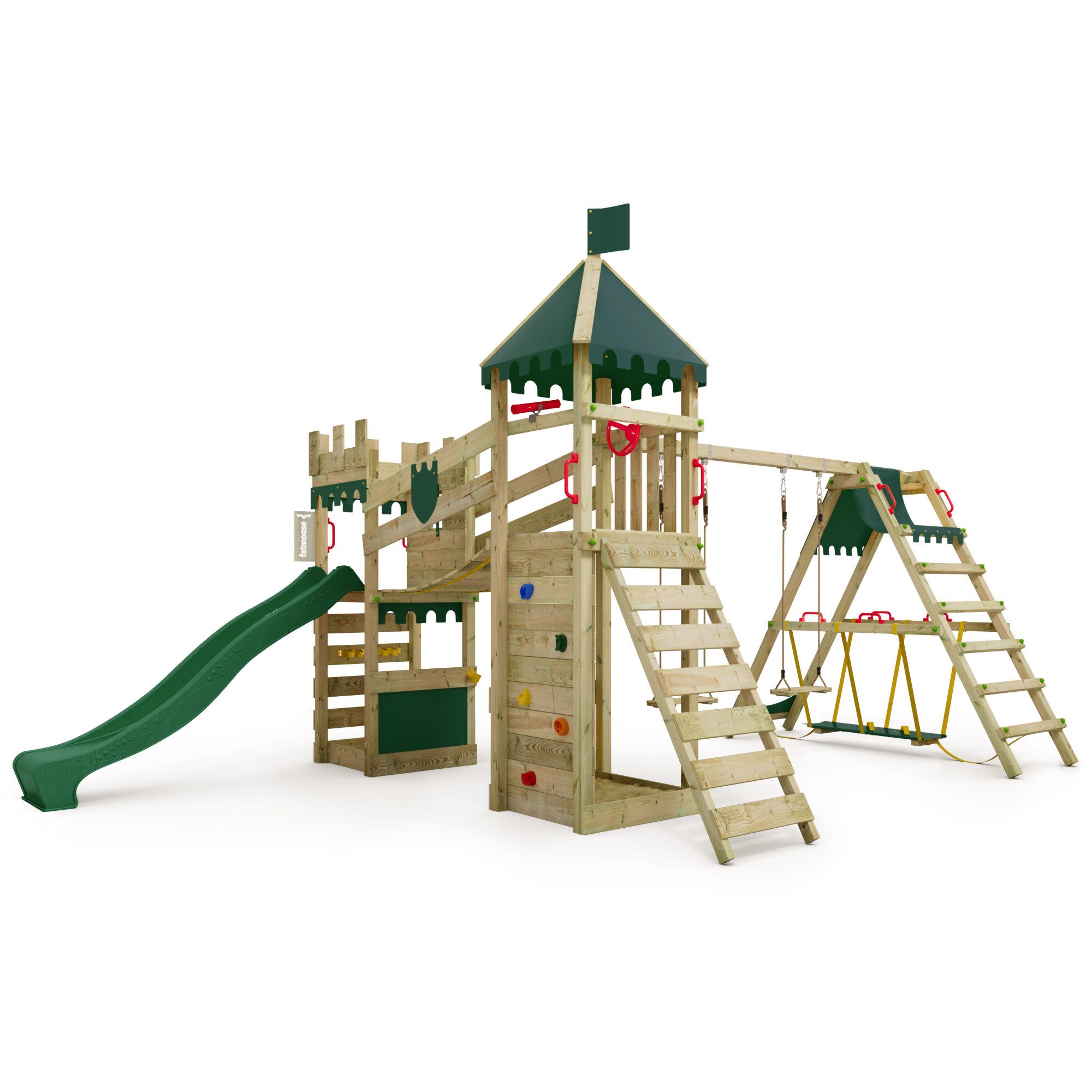 FATMOOSE Spielturm RiverRun mit SurfSwing – Ritterburg mit Wellenrutsche, Hängebrücke, & Sandkasten - extrem witterungsbeständig mit 10 Jahren Garantie*