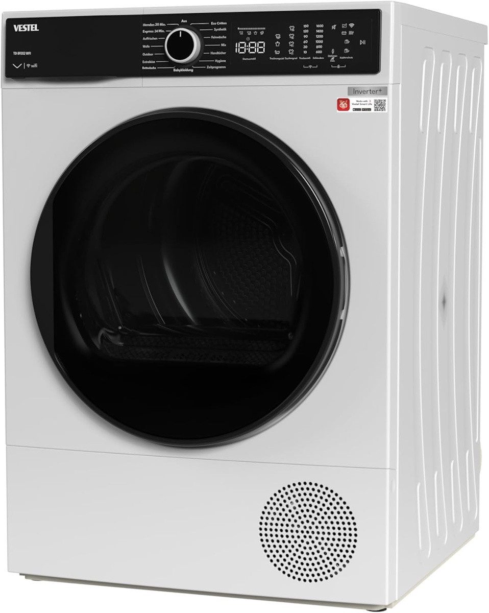 VESTEL Wärmepumpentrockner TDI 89302 WIFI, - App-Steuerung & Pearl Drum Schontrommel