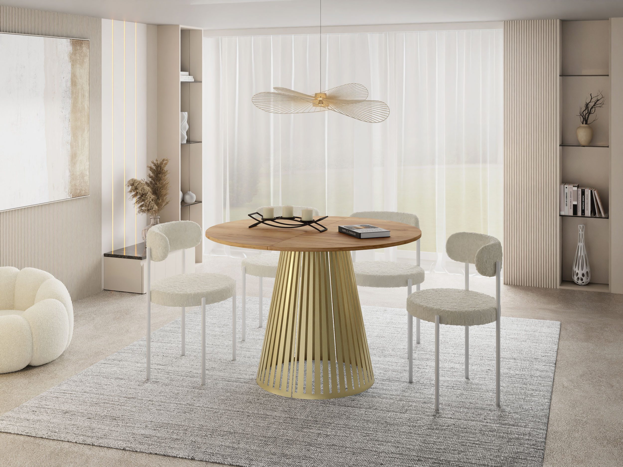 WFL GROUP Esstisch Naro Gold ausziehbar rund modern mit goldenen Metallbeinen (MADE IN EU, erhältlich in 2 Größen – 100/120 cm, ausziehbar auf 180/200 cm), platzsparender Tisch für kleine Küche, Esszimmer oder Wohnzimmer