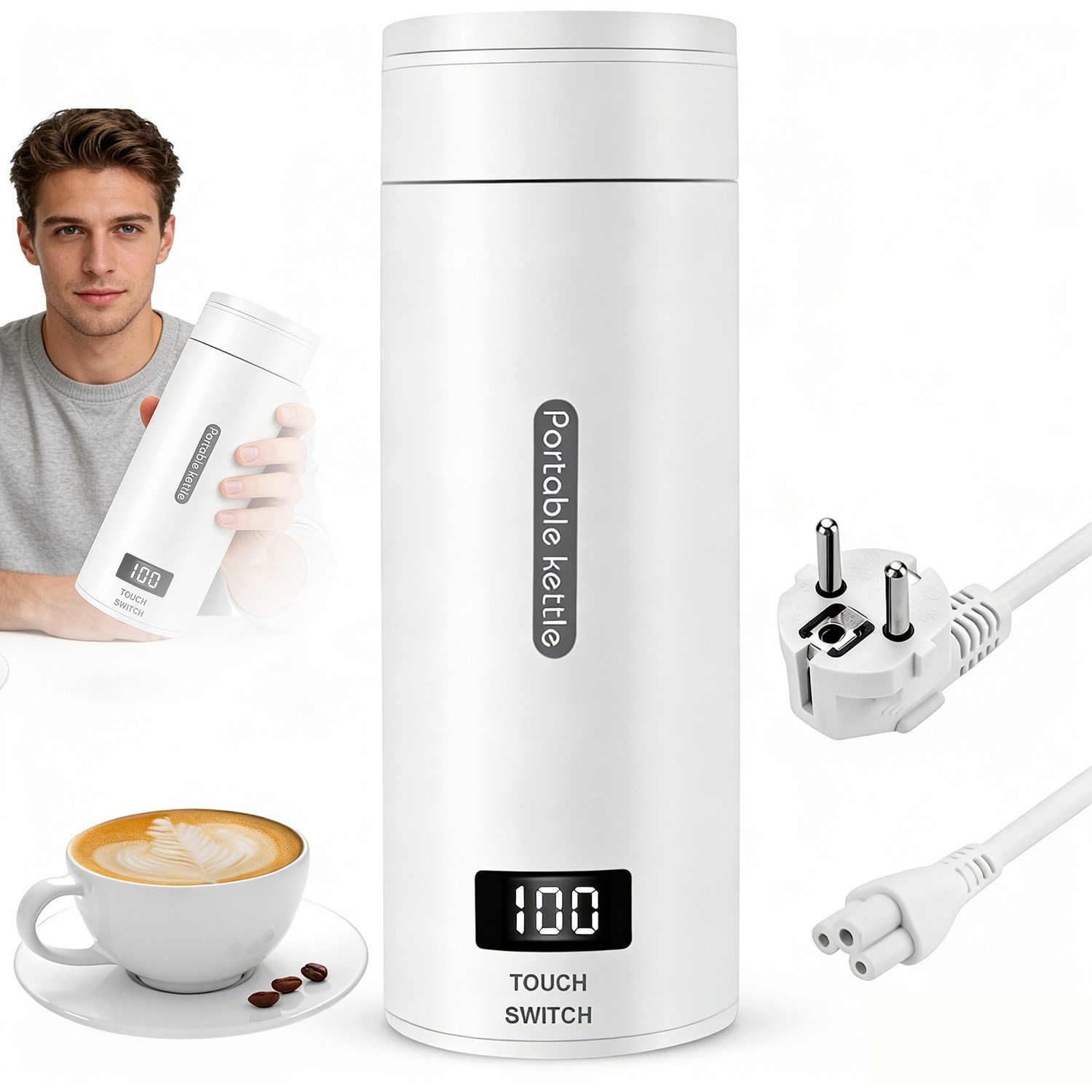 AKKEE Wasserkocher 380mL Reisen Elektrischer Wasserkocher, Elektrischer Wassertasse Klein, 300 W, Edelstahl