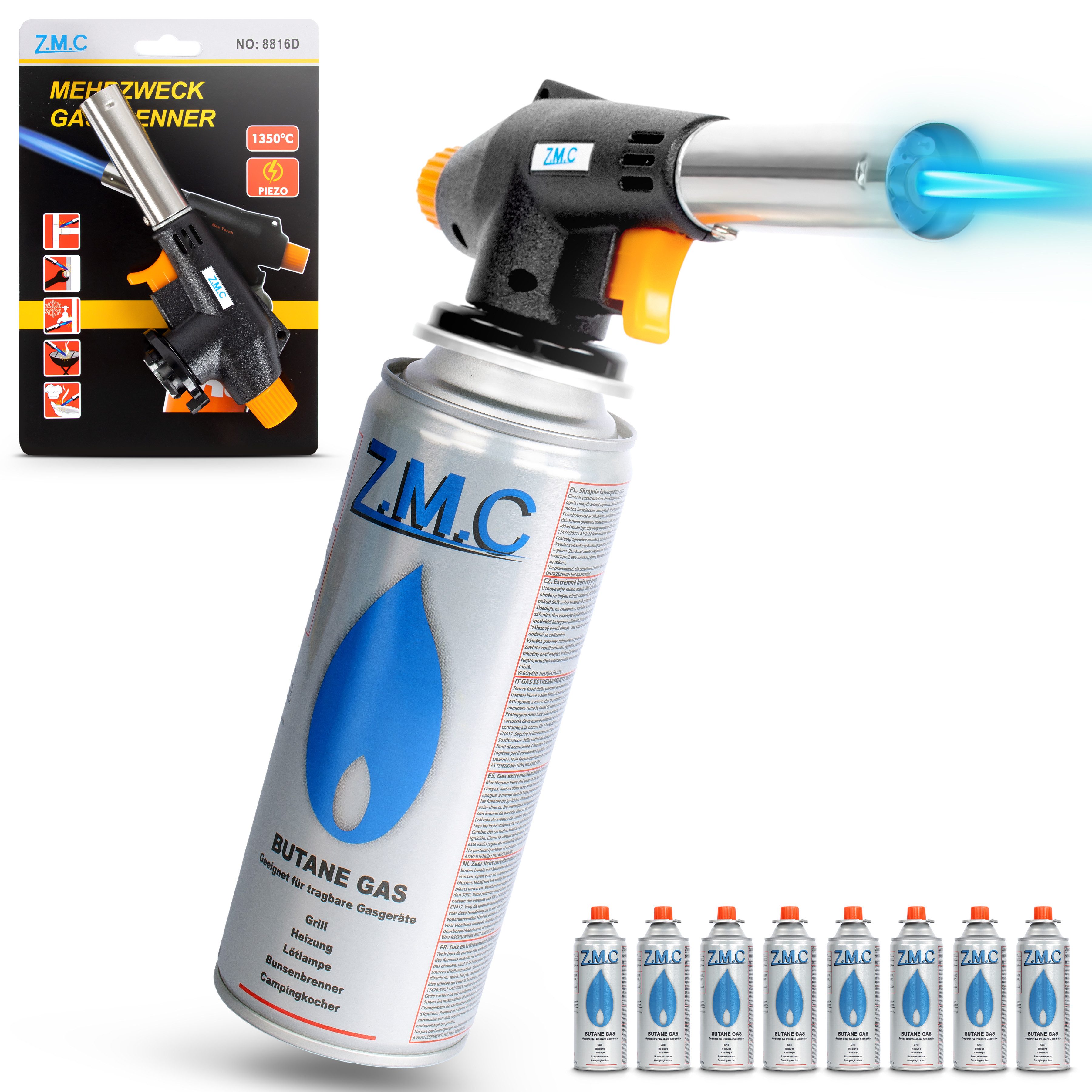 ZMC Flambierbrenner Gasbrenner Gasanzünder Lötbrenner mit Piezozündung + Gaskartuschen, (Temperatur von bis zu 1300 ° C, Einstellbare Flamme, Piezo-Zündung, Kohleanzünder Flambierbrenner Butangasbrenner, 8-tlg), Brenneraufsatz Gasbrenner Flambiergerät Lötbrenner Gasanzünder