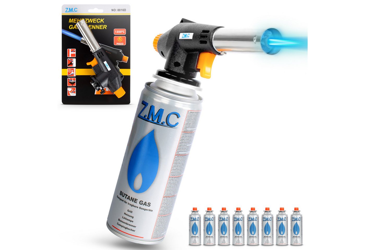 ZMC Flambierbrenner Gasbrenner Gasanzünder Lötbrenner mit Piezozündung + Gaskartuschen, (Temperatur von bis zu 1300 ° C, Einstellbare Flamme, Piezo-Zündung, Kohleanzünder Flambierbrenner Butangasbrenner, 8-tlg), Brenneraufsatz Gasbrenner Flambiergerät Löt