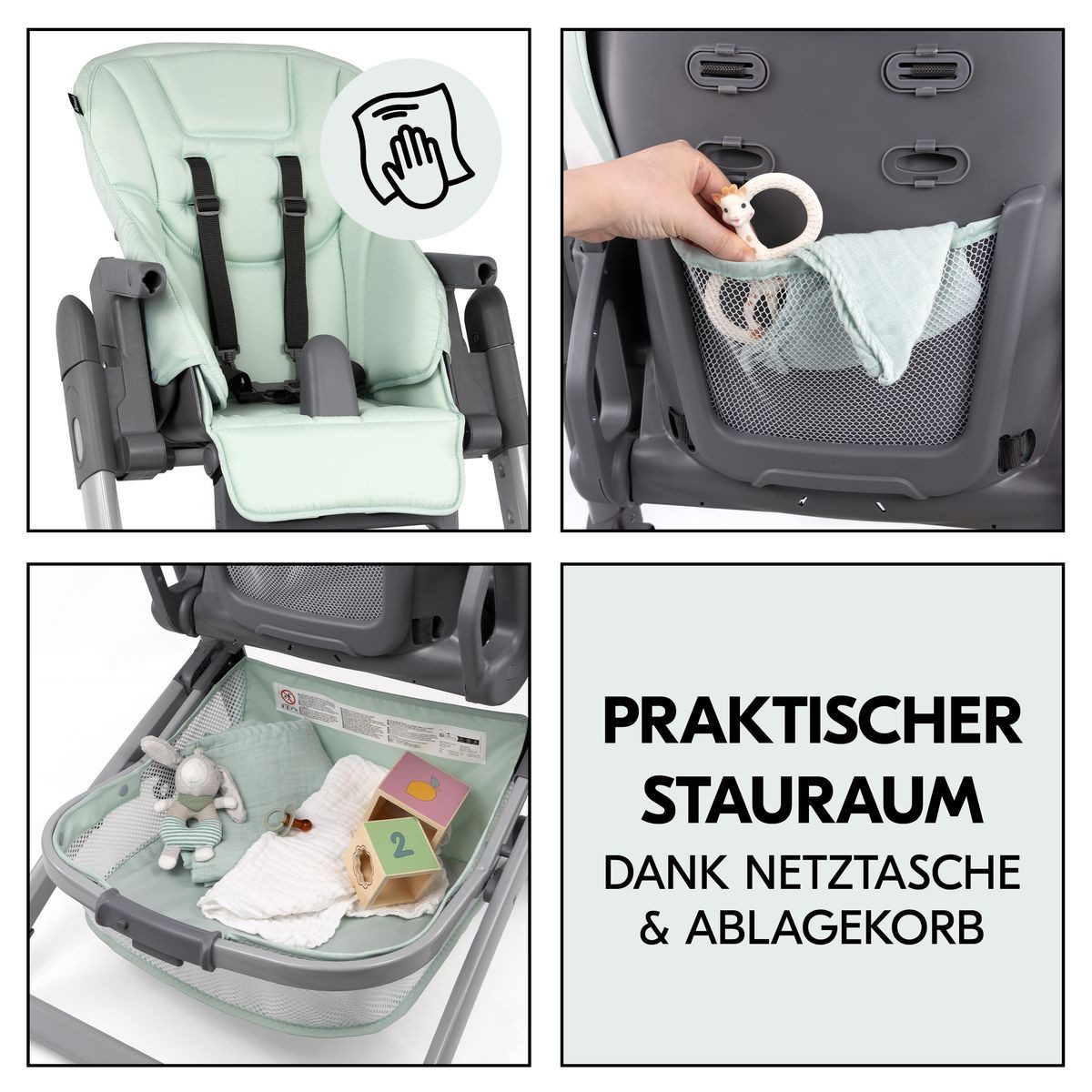 Hauck Hochstuhl Grow Up - Mint, Babystuhl mit Liegefunktion, Tisch, Rollen klappbar & höhenverstellbar