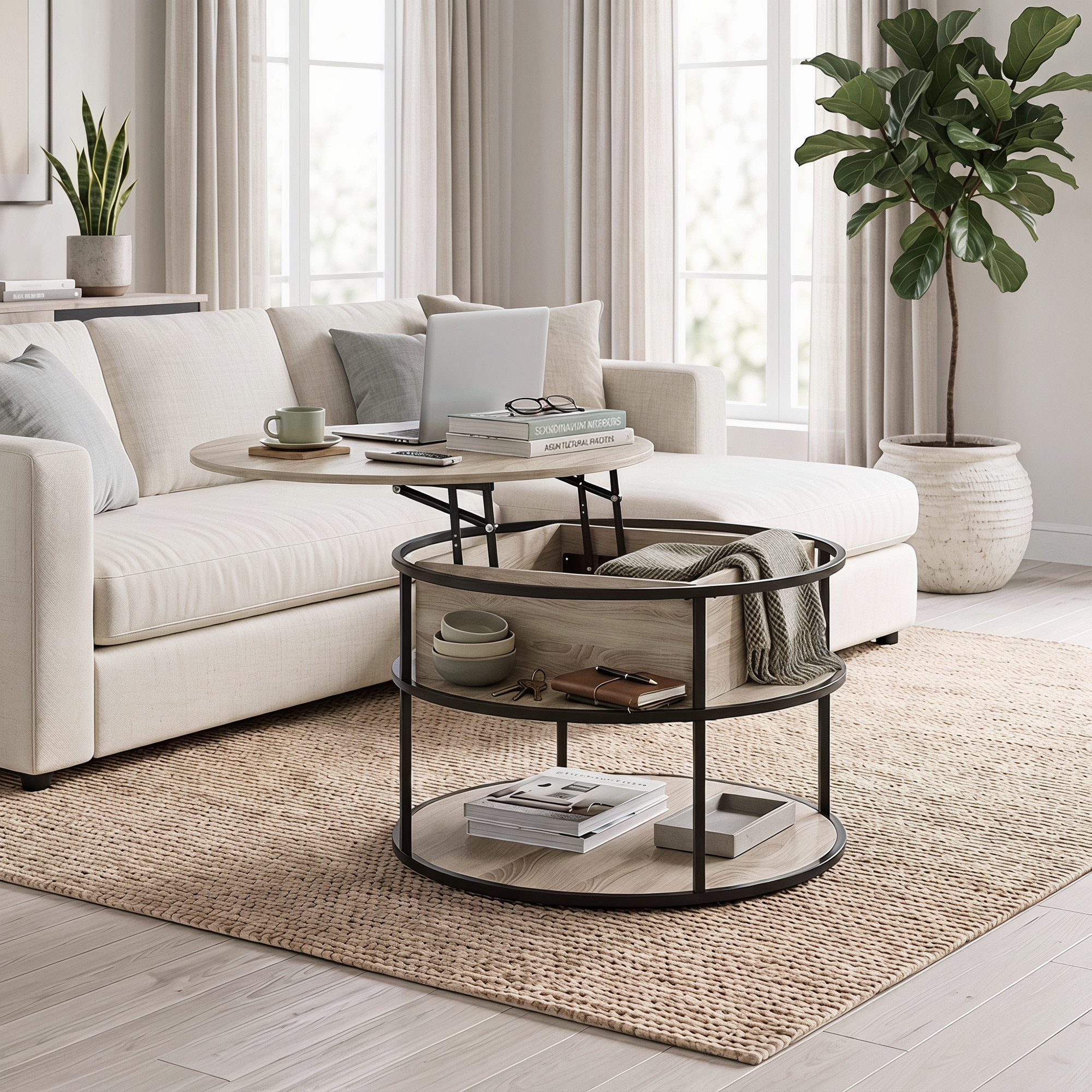 HOMCOM Couchtisch Höhenverstellbar Wohnzimmertisch mit Hebeplatte und Stauraum (runder Tisch mit Ablagefläche, verstecktem Fach, 1-St., für Wohnzimmer, Heimbüro), 80 x 80 x 47-61,5 cm, Eiche