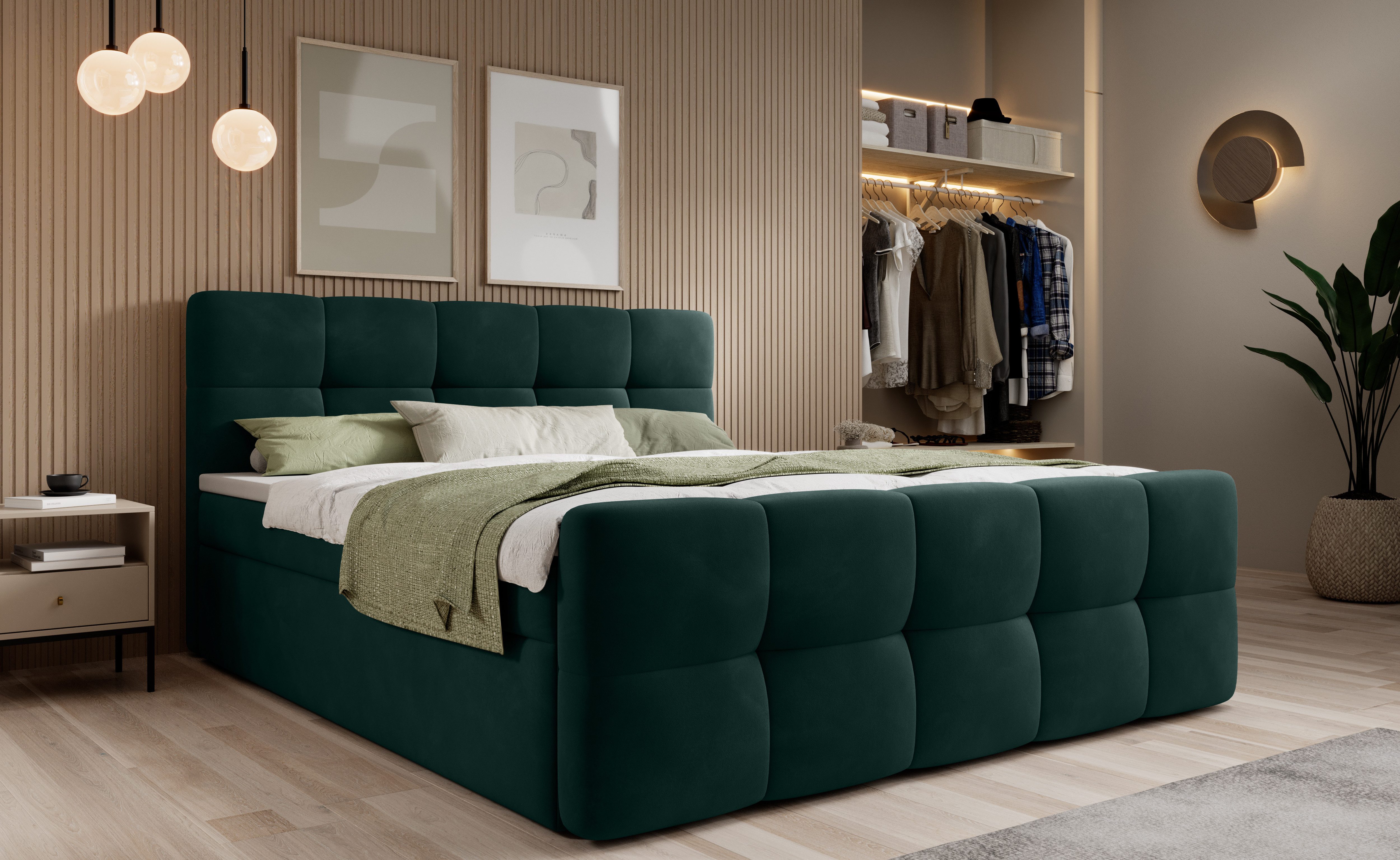 thematys Boxspringbett mit Bettkasten 140x200–200x200 cm – Velours oder Bouclé Bezug – (Polsterbett Bonnellfederkern Matratze H3 + Gratis 3cm Topper, Boxbett - Luxus Doppelbett mit Stauraum)