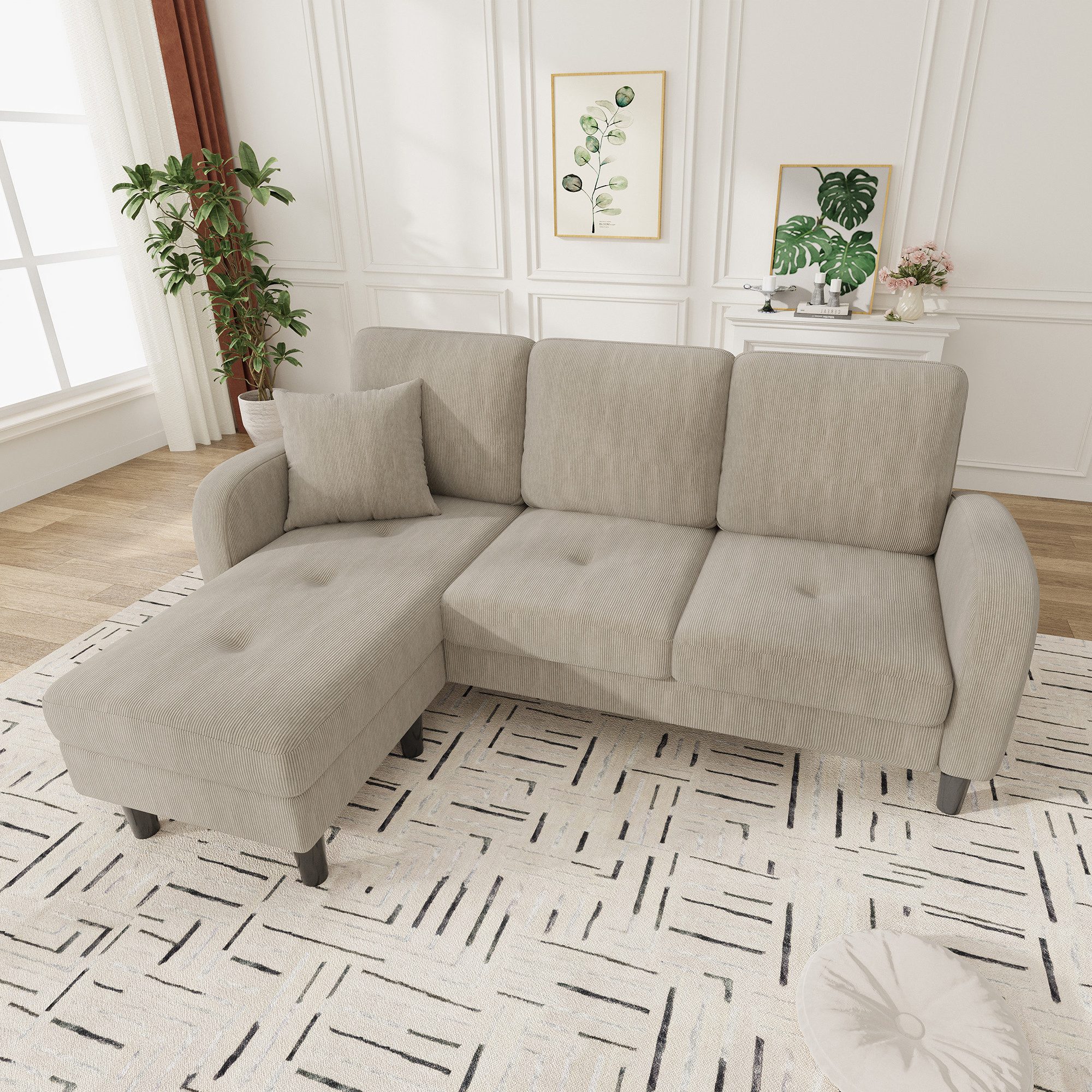 Merax Ecksofa L-förmiges Sofa mit Bettfunktion, Modulares Sofa aus Cordstoff, 1 Teile, 3-Sitzer Sofa mit Chaiselongue, Kissen & Kunststoffbeine, 166x118x77cm