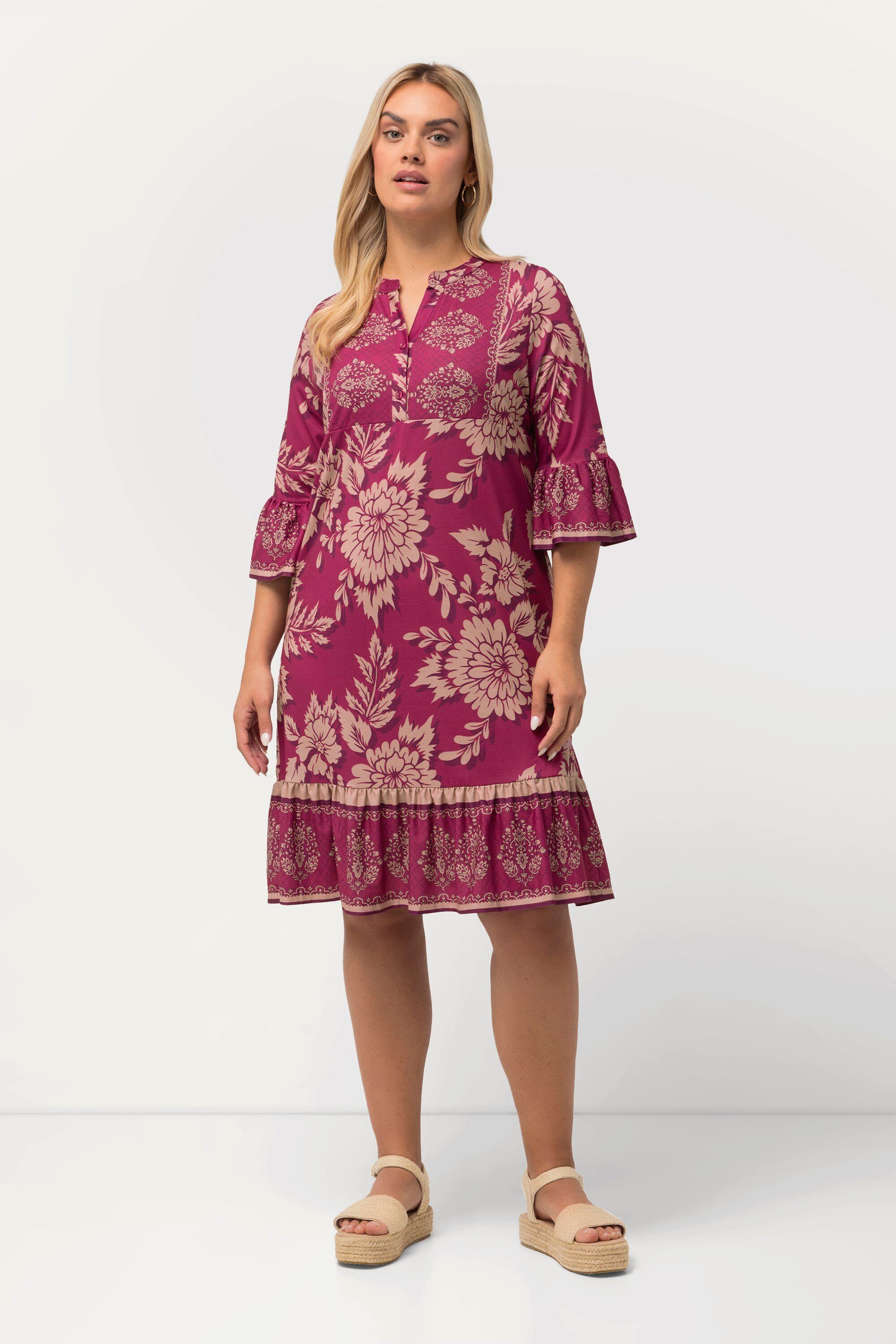 Midikleid Minikleid Blüten A-Linie V-Ausschnitt 3/4-Arm