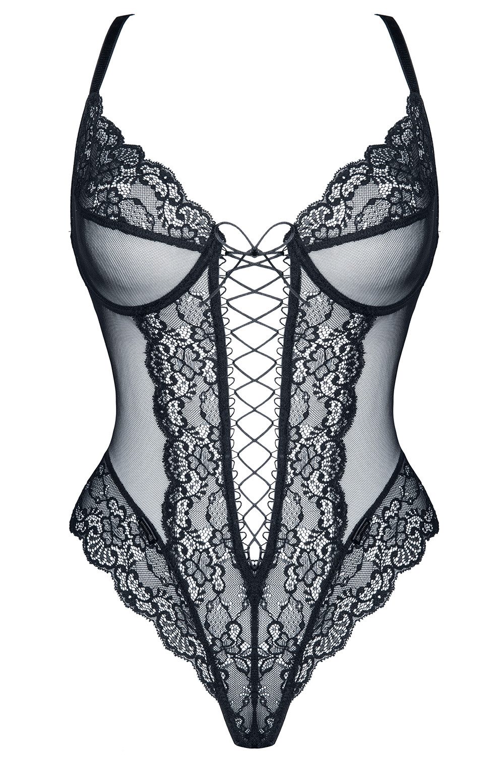 Demoniq Stringbody Damen Dessous Body in schwarz Blumenmuster transparent aus Tüll und Sp