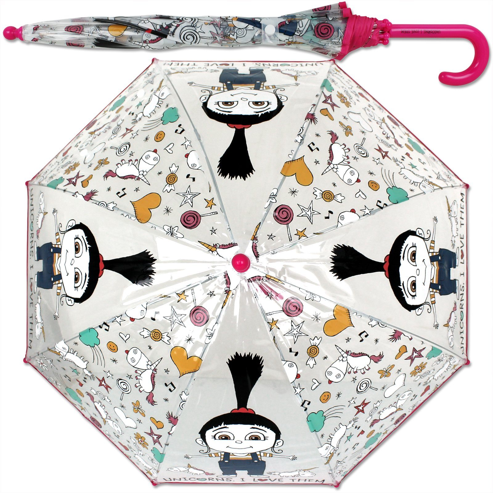 Stockregenschirm Regenschirm Durchsichtig Pink Süß Einhorn Motiv, Kinder Schirm Kinderregenschirm Kinderschirm