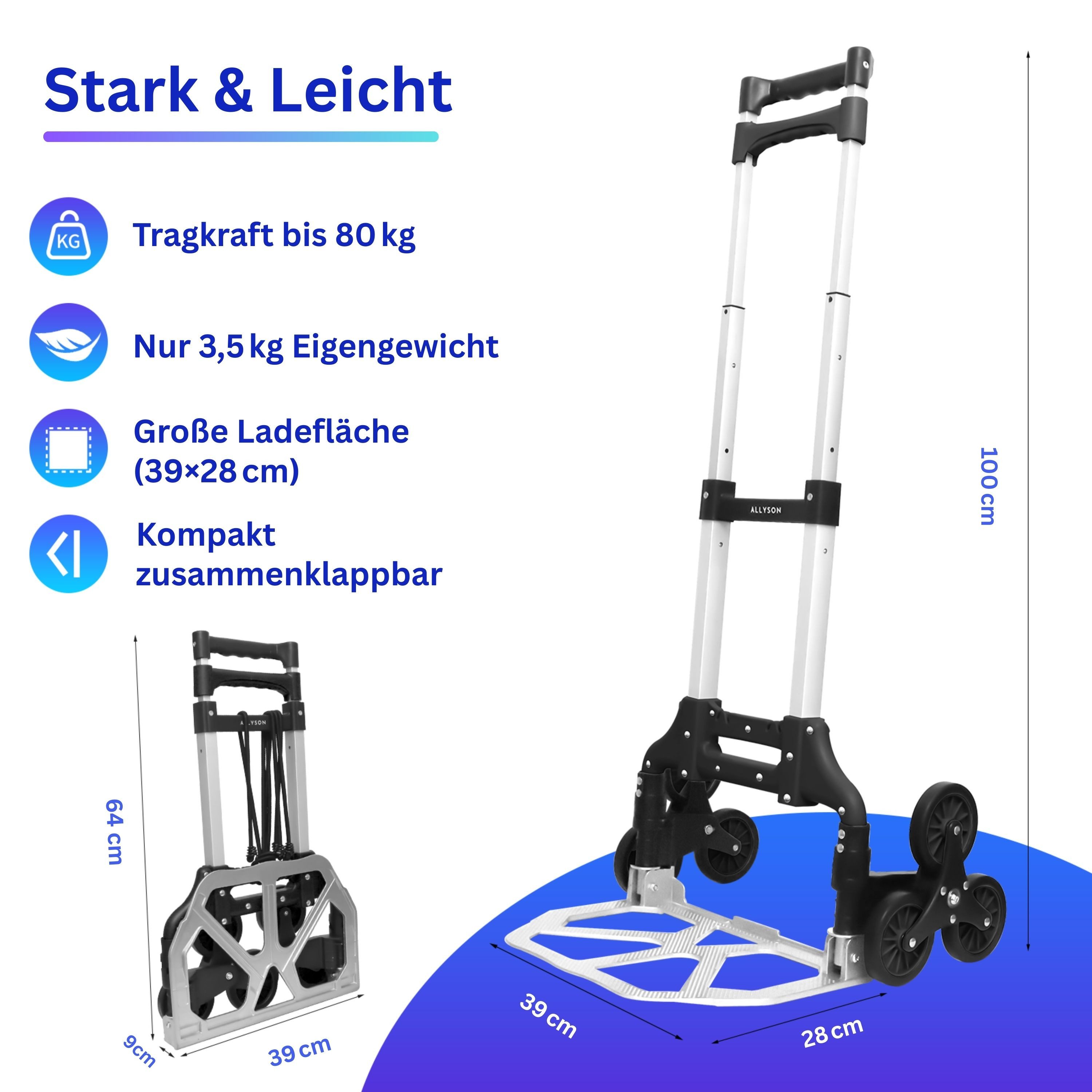 Allyson Treppensackkarre Sackkarre Treppensteiger, Transportwagen Sackkarre klappbar, (2x Elastische Spanngurte, 1 Paar Arbeitshandschuhe), Treppenkarre: 80kg Tragkraft, faltbar, inkl. Spanngurten & Handschuhen