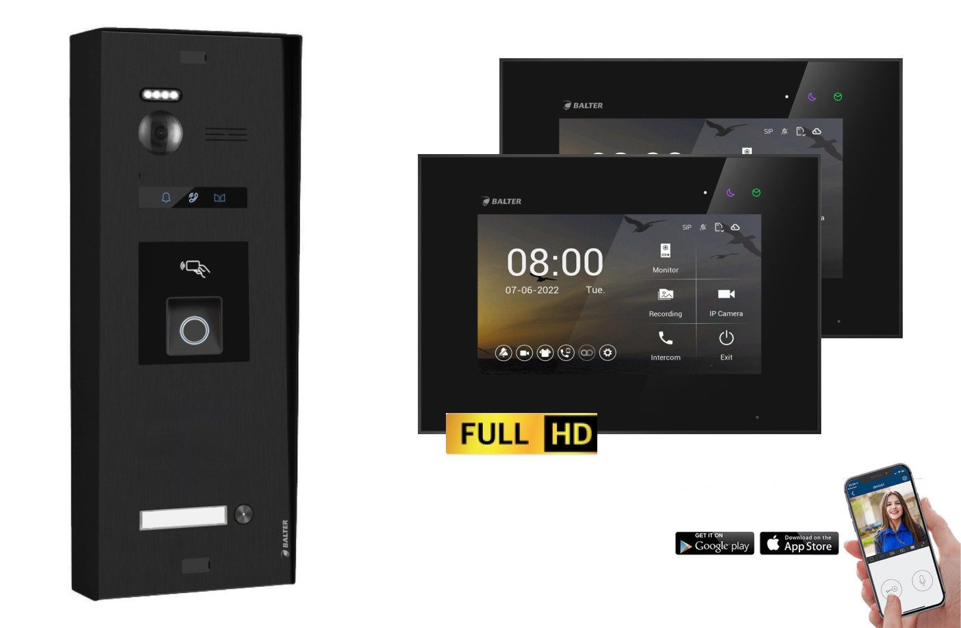 Balter Video-Türsprechanlage BALTER EVO-HD Aufputz Türsprechanlage 1-Familienhaus Schwarz (Set, 1-Familienhaus, Komplettset, Full HD 175° Kamera, Fingerprint, RFID)