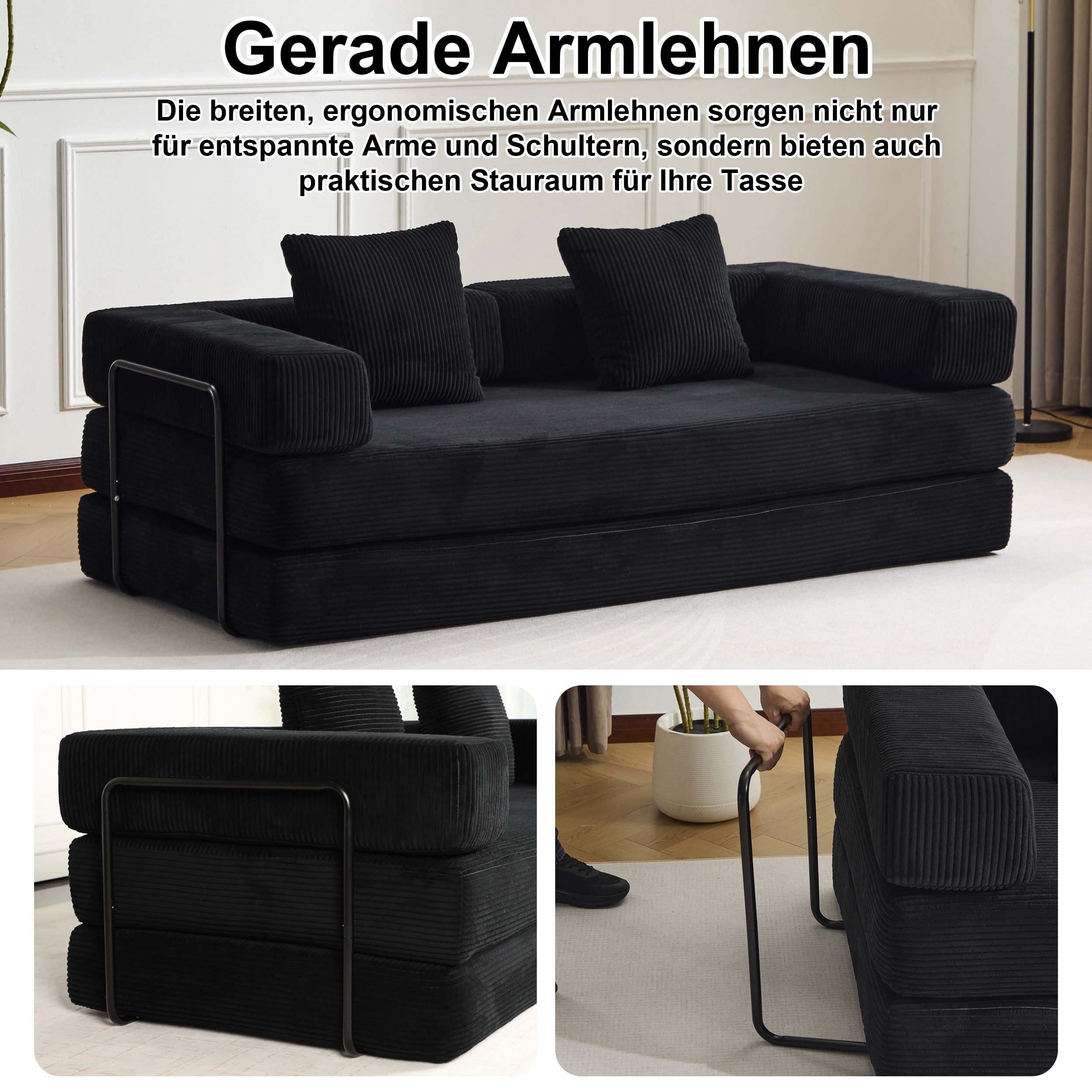 Vankel Loungesofa Faltbares Schlafsofa, bequemes Cord Bodensofa für kleine Räume, 4-in-1 Klappsofa für Wohnzimmer, Schlafzimmer, Büro oder Gäste