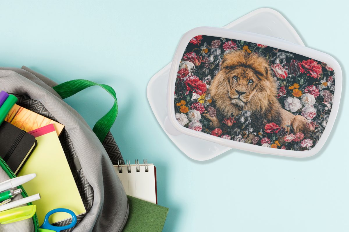 Lunchbox für Brotdose, Kunststoff, und Erwachsene, Farbe, und weiß Mädchen - MuchoWow Kinder - Jungs Löwen für Brotbox (2-tlg), Blumen