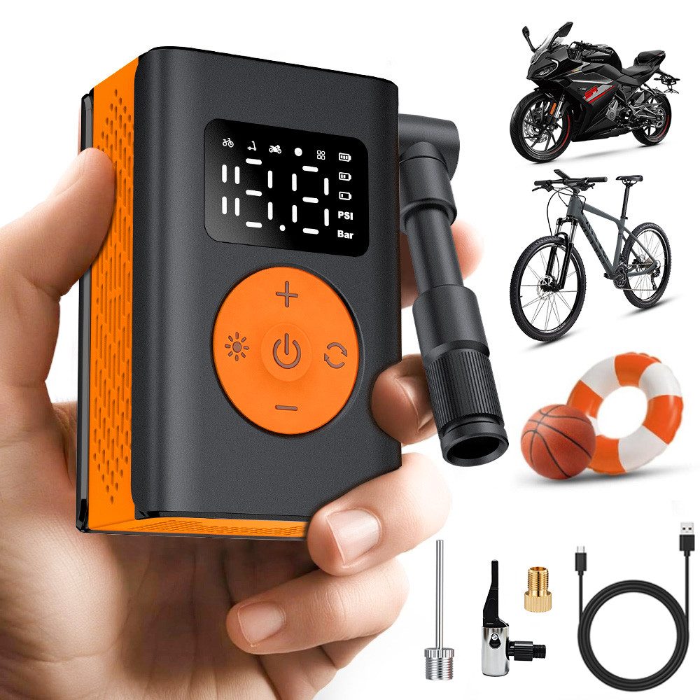 SWGOTA Fahrradpumpe Tragbar Mini Fahrradpumpe 120PSI 2*550mAh leise 50dB mit 15L/min, Mini Elektrische Luftpumpe 14-Zylinder USB Tragbar mit 100lm Licht