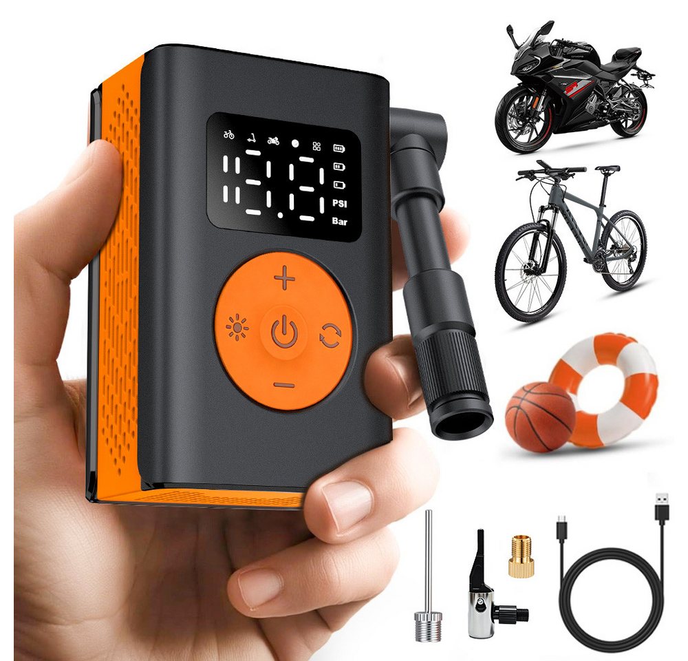 SWGOTA Fahrradpumpe 2026 Tragbar Mini Fahrradpumpe 120PSI 2*550mAh leise 50dB mit 15L/min, Mini Elektrische Luftpumpe 14-Zylinder USB Tragbar mit 100lm Licht