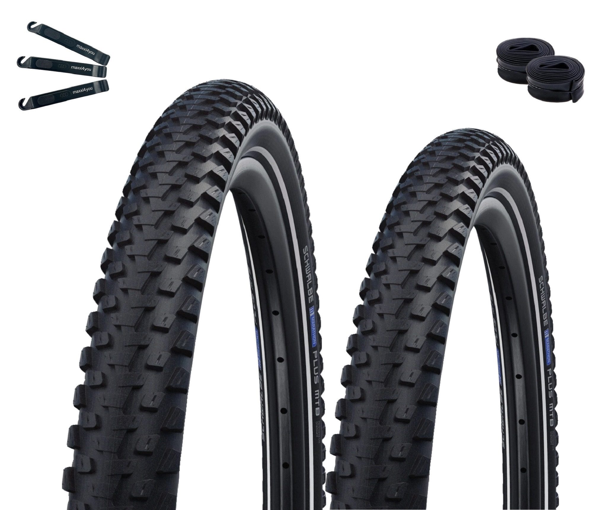 maxxi4you Fahrradreifen 2x Marathon Plus MTB Performance Schwarz/Reflex 65-622+2xSV19F ikl. RH