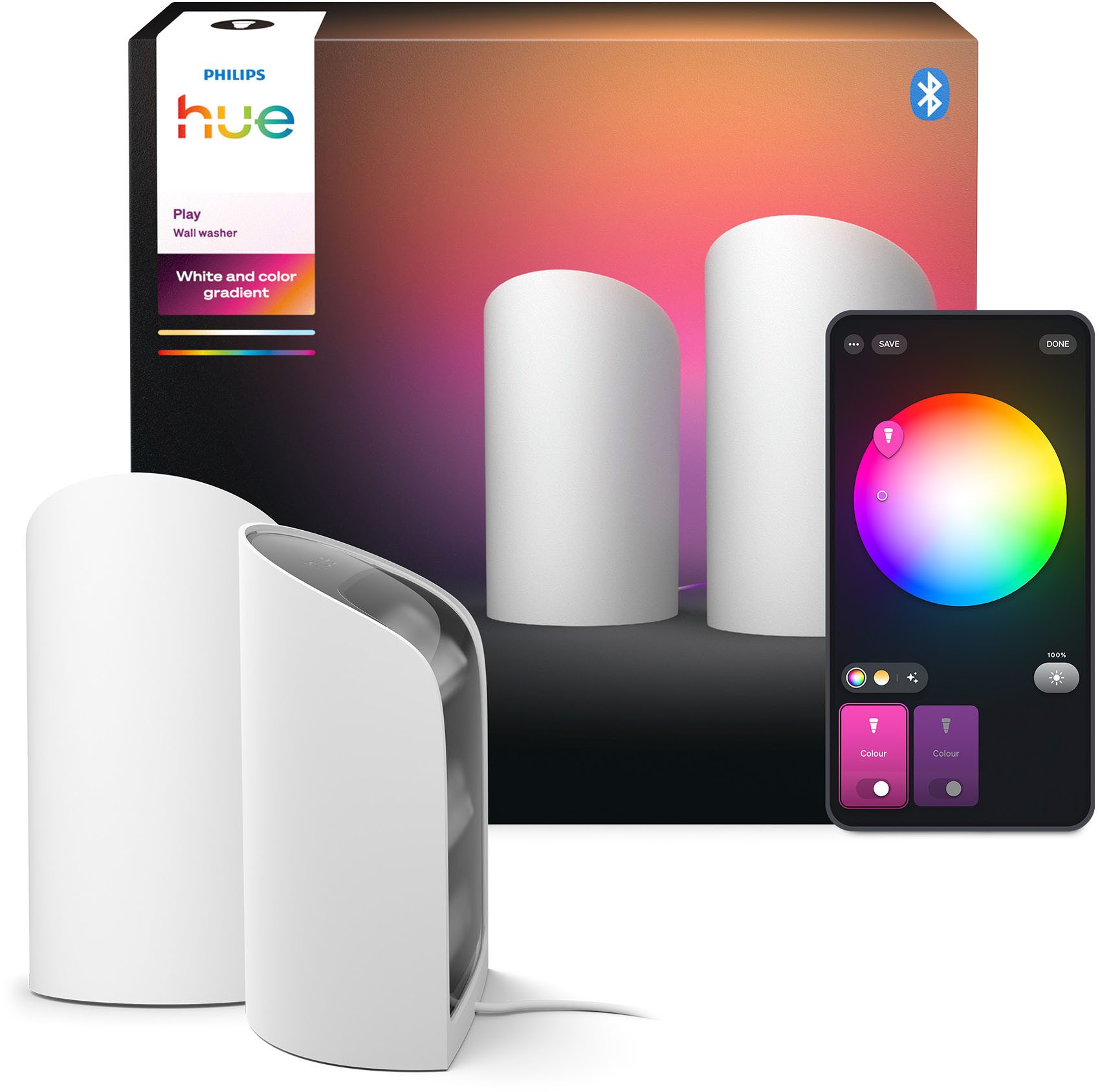 Philips Hue Smarte LED-Leuchte Play Gradient Wallwasher Doppelpack weiss, Abschaltautomatik, Bluetooth, CCT - über Fernbedienung, Dimmfunktion, Farbsteuerung, Farbwechsel, Leuchtdauer einstellbar, Memoryfunktion, Nachtlichtfunktion, RGB, Smart Home, Timerfunktion, dimmbar über Fernbedienung, erweiterbar, mehrere Helligkeitsstufen, LED wechselbar, RGB, inkl. Netzteil