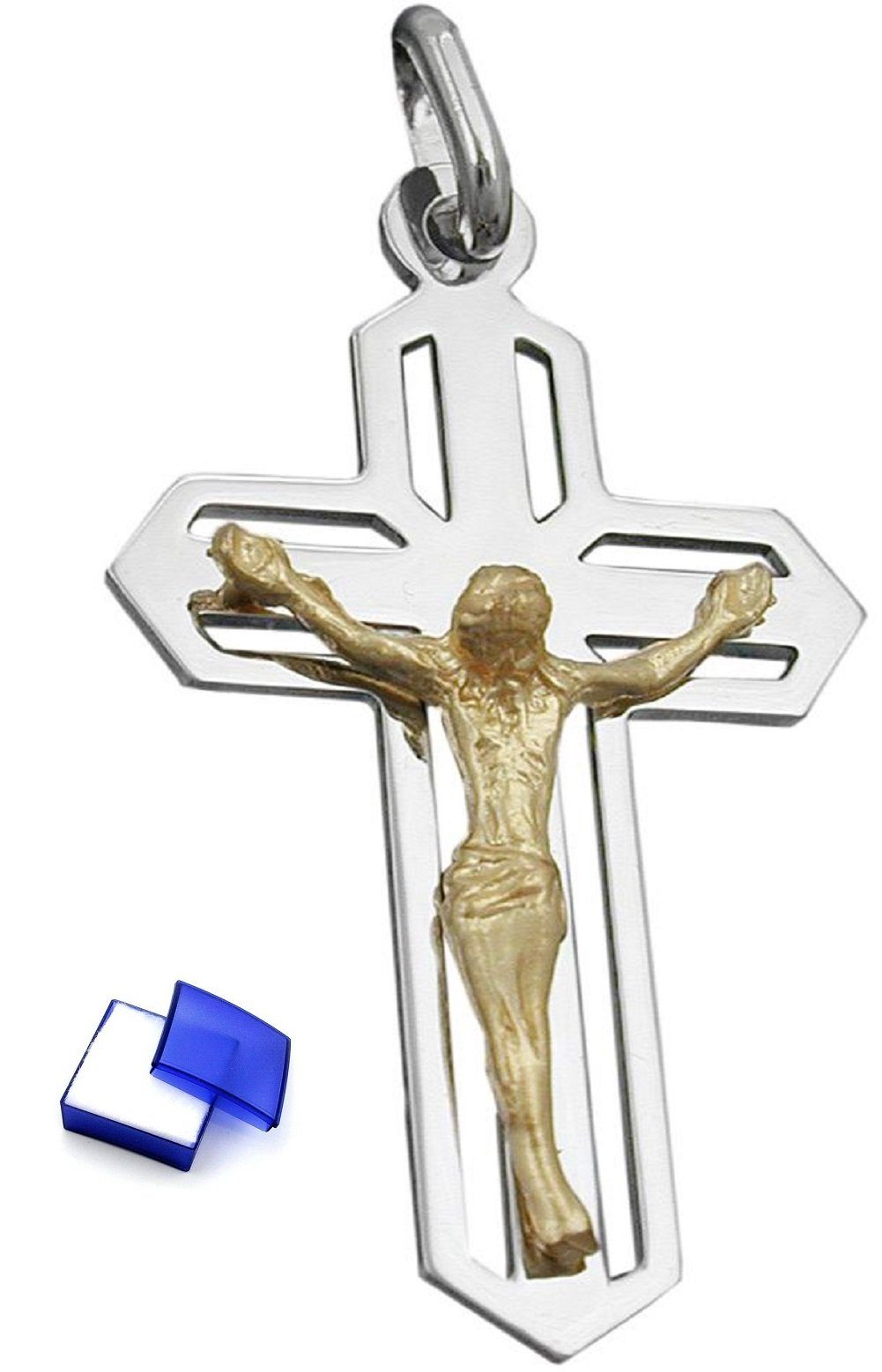 unbespielt Kreuzanhänger Kettenanhänger Anhänger Kreuz Jesus bicolor glänzend 925 Silber 38 x 23 mm inklusive kleiner Schmuckbox, Silberschmuck für Damen und Herren