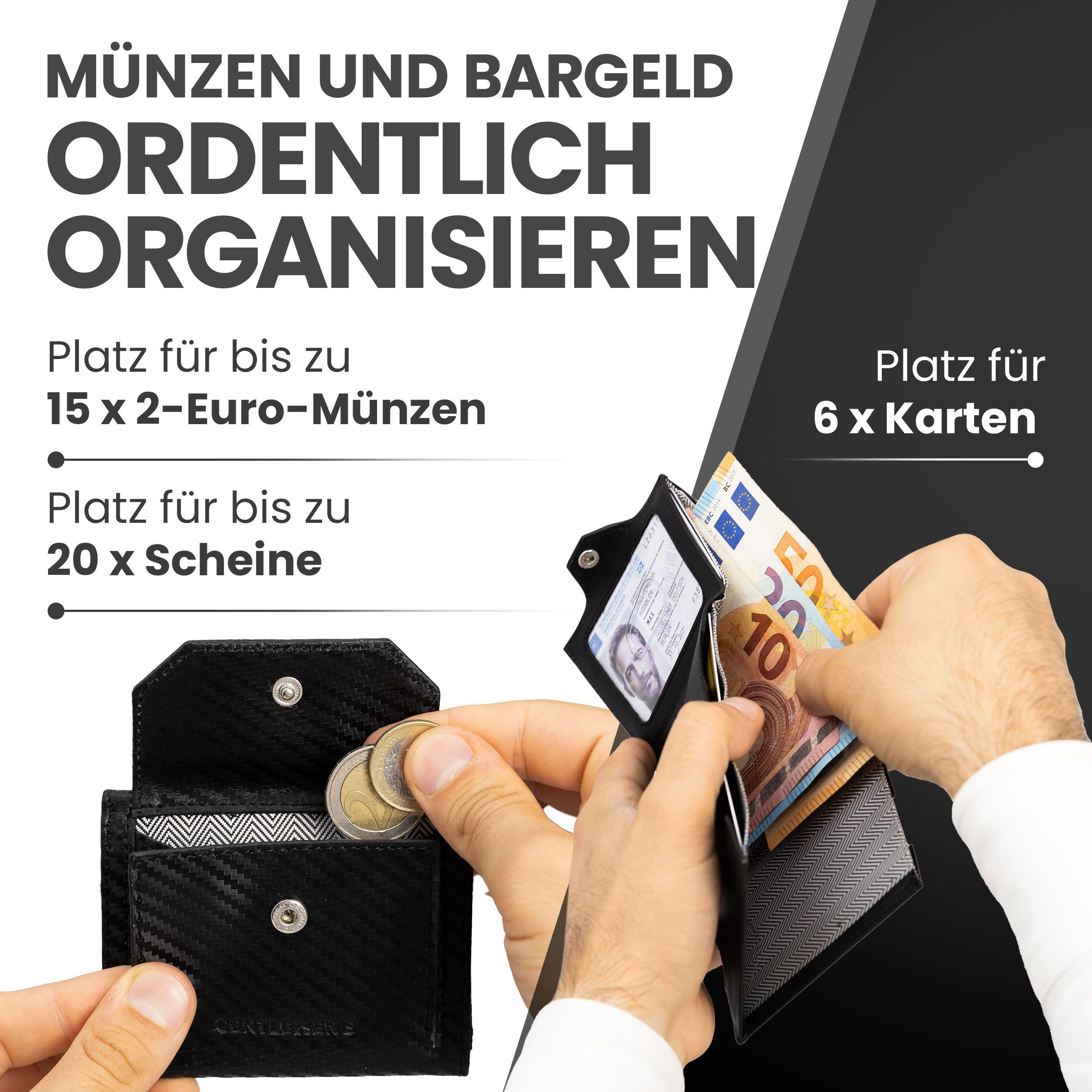 Gentlemen's Geldbörse Slim Wallet - Geldbeutel mit Münzfach und RFID Schutz, aus hochwertigem Echtleder mit Schein- & Münzfach – Bild 4 von 5