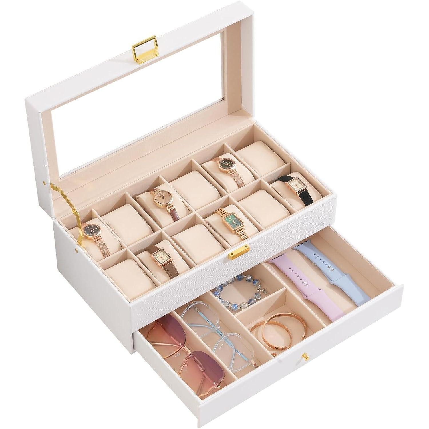 LuxusKollektion Uhrenbox Uhrenbox 12 Fächer Glasdeckel 2 Ebenen Uhrenkissen 12-Slot Weiß