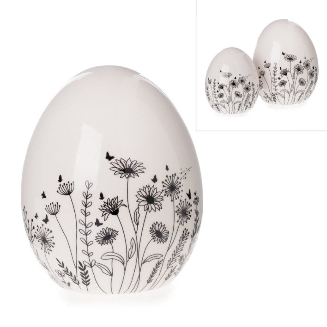finehomegarden Osterei Ei Ostern weiß/schwarz 2er Set Keramik Landhaus Ø9,5cm H11,5cm (2 St), Blumenwiese Keramikei Osterdekoration Frühling / Paket