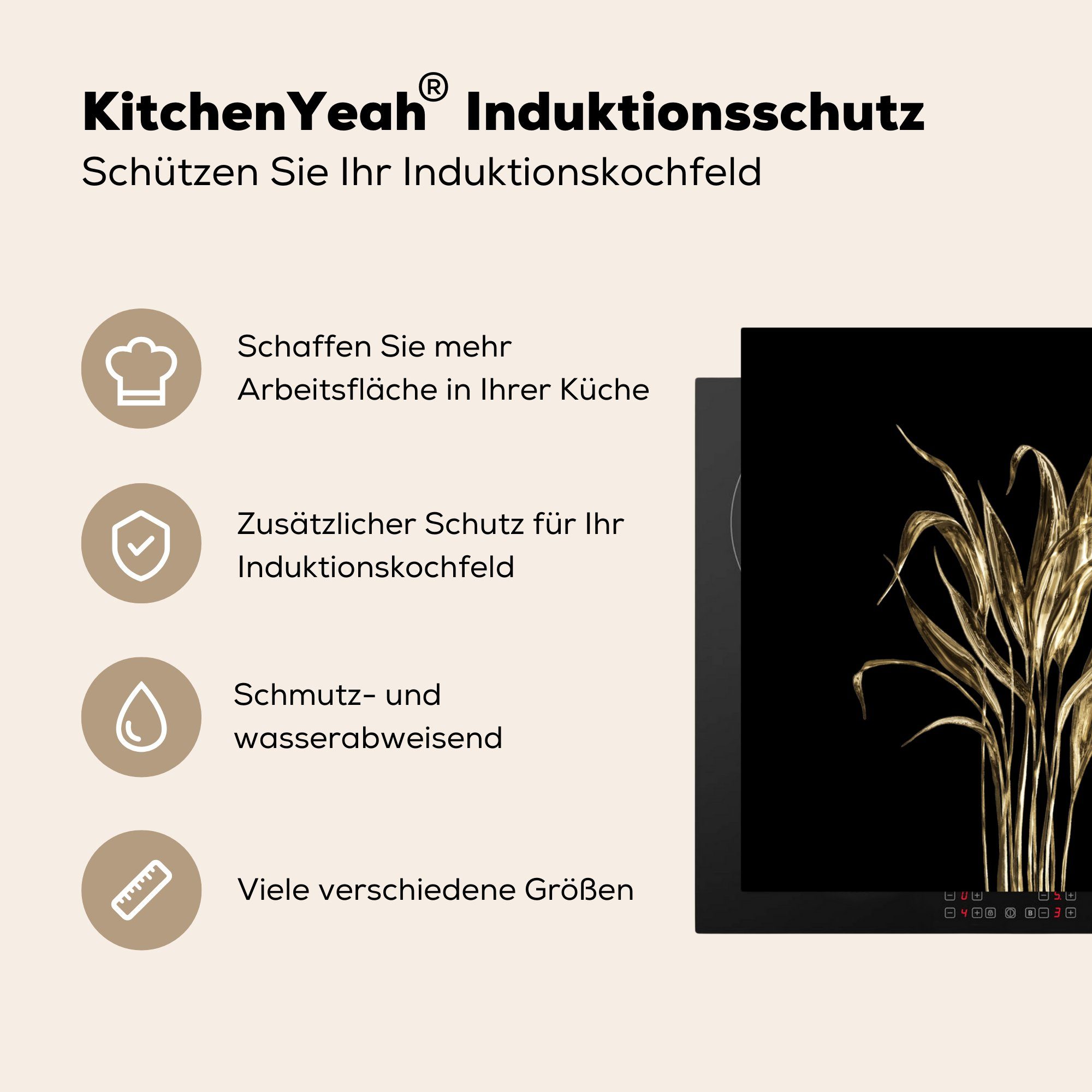 MuchoWow 78x78 für Arbeitsplatte Pflanzen, Gold (1 Blatt Herdblende-/Abdeckplatte - Vinyl, tlg), cm, Ceranfeldabdeckung, küche -