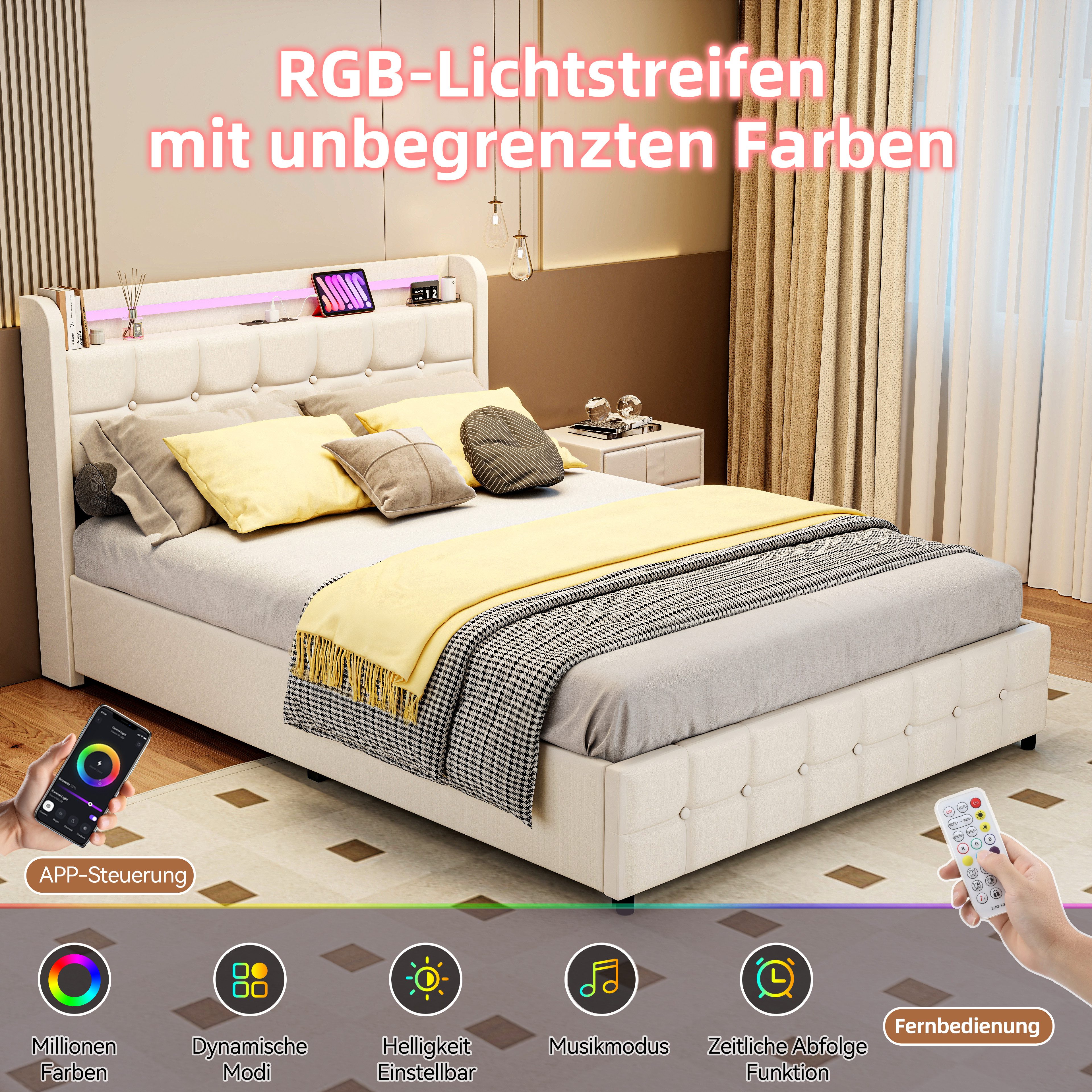 oyajia Polsterbett LED Doppelbett 140x200cm mit Ladefunktion und 2 Schubladen Polsterbett, Einzelbett Bettgestell mit Kopfteil und Lattenrost, Leinen Polsterbett