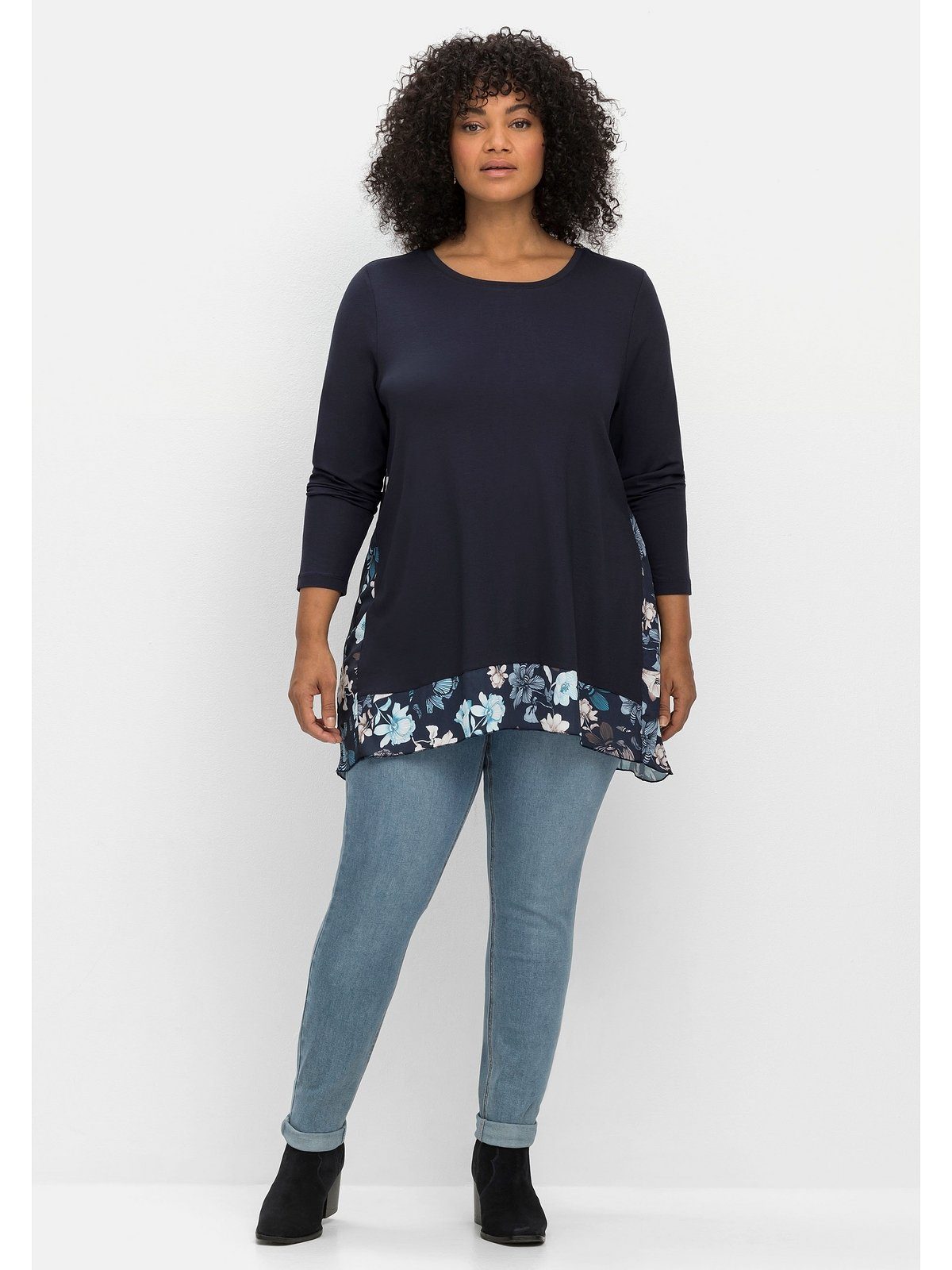 sheego by Joe Browns Langarmshirt Größen marine Einsätzen mit Große floral bedruckten