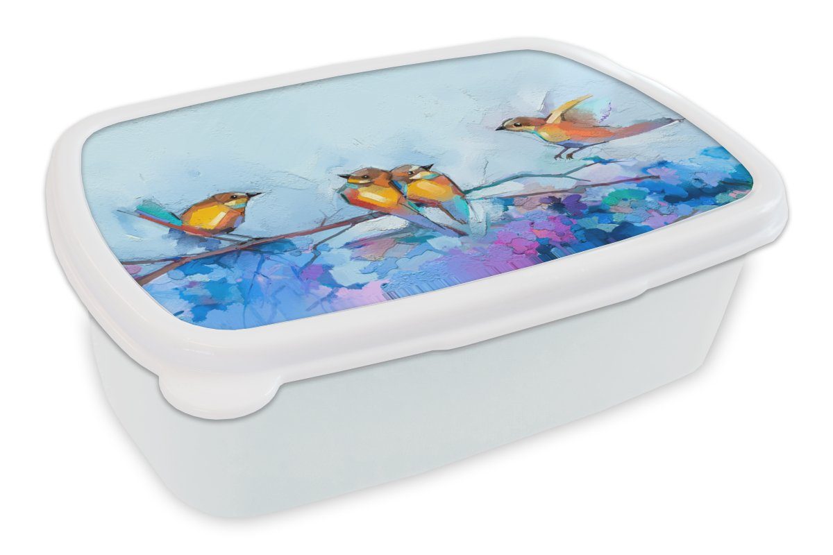 MuchoWow Lunchbox Gemälde - Ölfarbe - Vogel - Zweig, Kunststoff, (2-tlg), Brotbox für Kinder und Erwachsene, Brotdose, für Jungs und Mädchen weiß