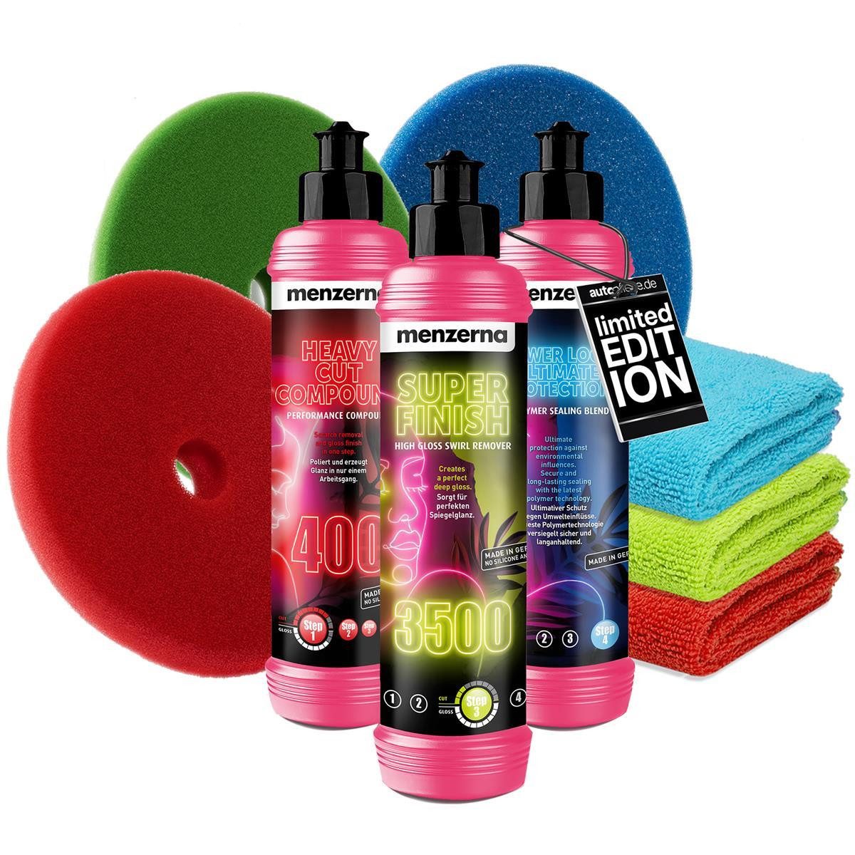 autopflege Set Menzerna EDITION Heavy Cut Super Finish Power Lock Zubehör Autopolitur (9 St), 3x Mikrofasertücher - 3x Lackpolitur - 3x Politurpads