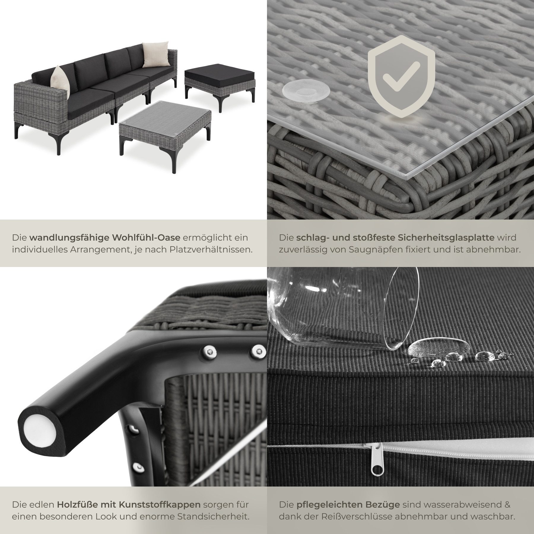 tectake Loungeset Rattan Sitzgruppe mit Aluminiumgestell, hochwertiges Geflecht, (Gartenlounge-set Konstanza, 5-tlg., geeignet für Outdoor in Grau), wetterfest  – Bild 4 von 5