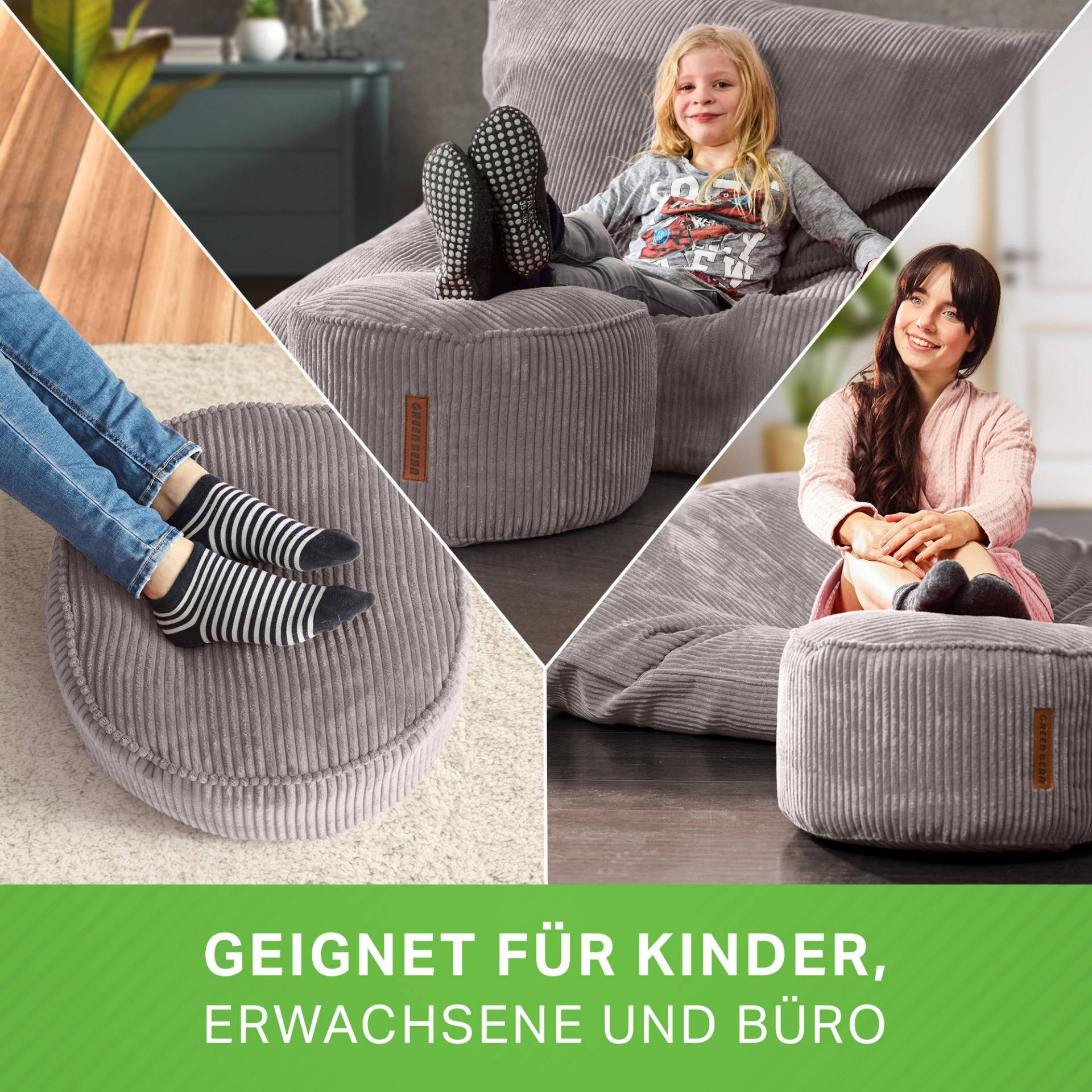 Green Bean Pouf Sitzsack-Hocker Pouf Cord 45x25cm (Indoor Sitzhocker Sitzkissen Fußhocker Relax-Sessel, Made in Germany), die ideale Ergänzung zum Sitzsack