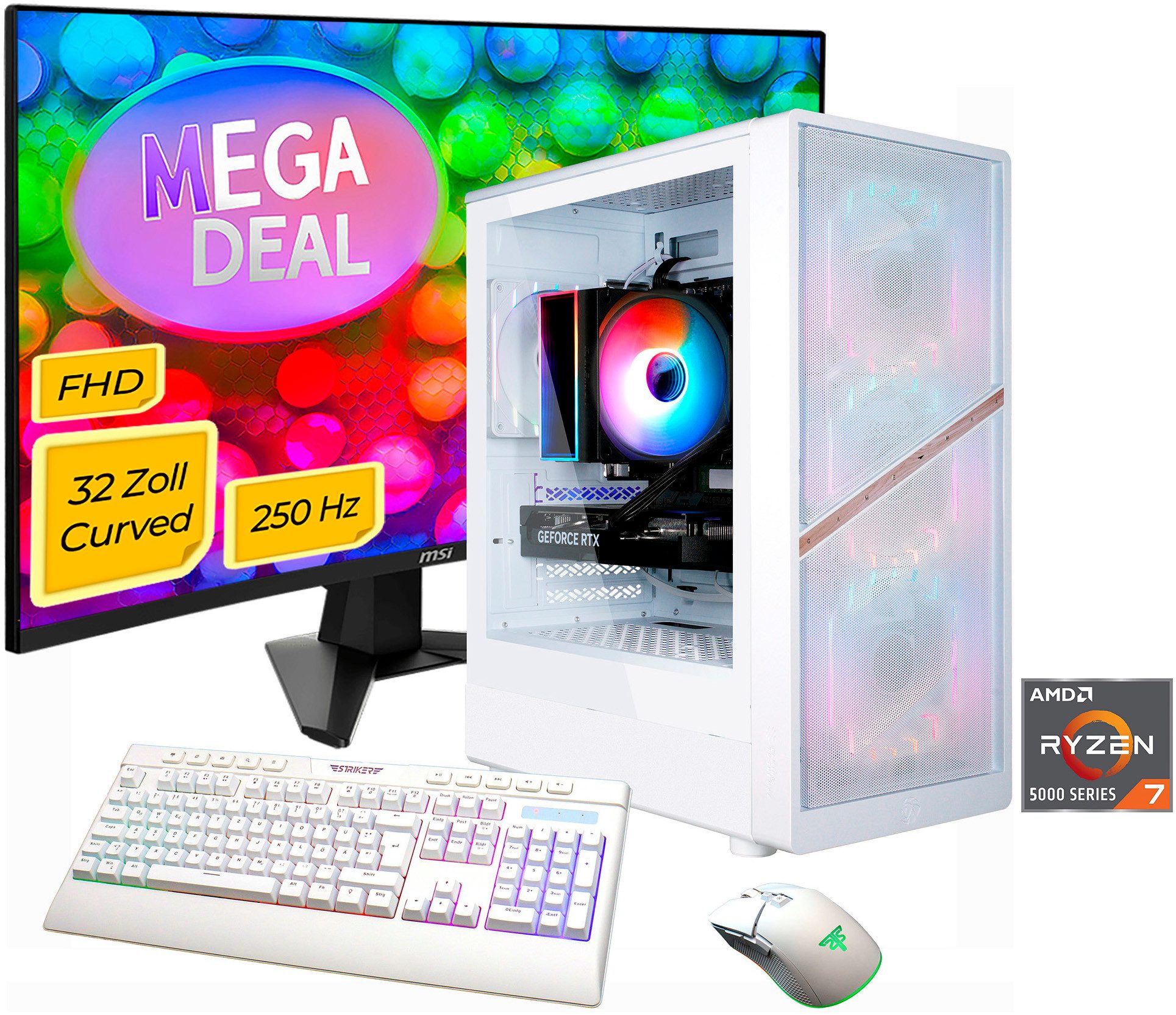 GAMEMAX MegaDeal AERIS MW 2874 AMD Ryzen 7 5700X 32GB 1TB SSD RTX 5060 Gaming-PC-Komplettsystem (32", AMD Ryzen 7 5700X, RTX 5060, 32 GB RAM, 1000 GB SSD, Windows 11 + MSI MAG 32C6X Curved Monitor 80cm (32)