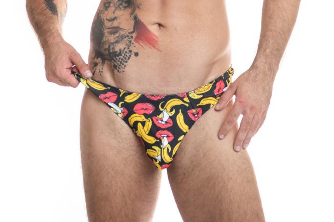 String Herren String Tanga mit Bananen und Kussmund Print Männer Slip blickdi